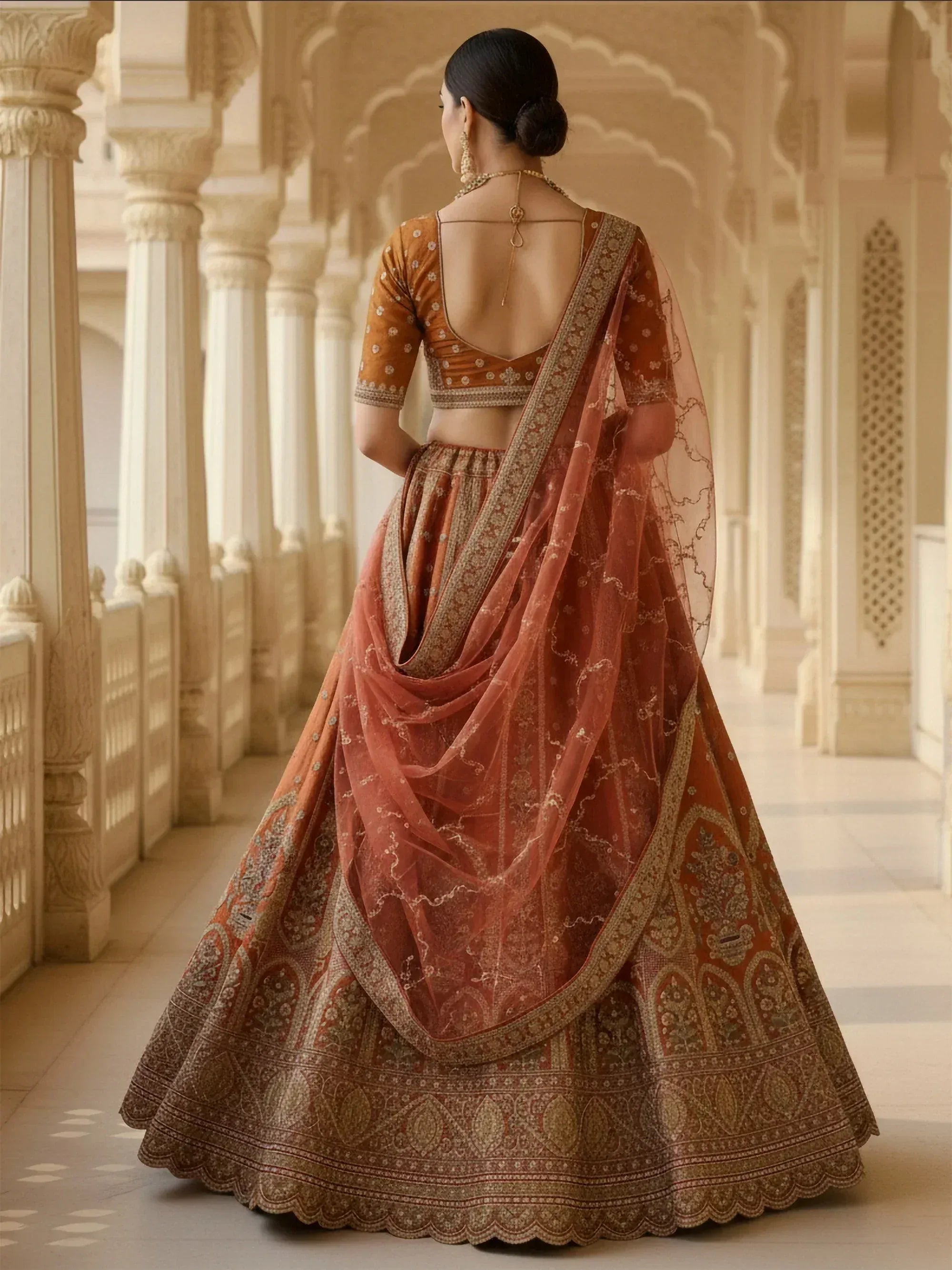 Attractive Orange Heavy Silk Bridal Lehenga Choli With Double Dupatta