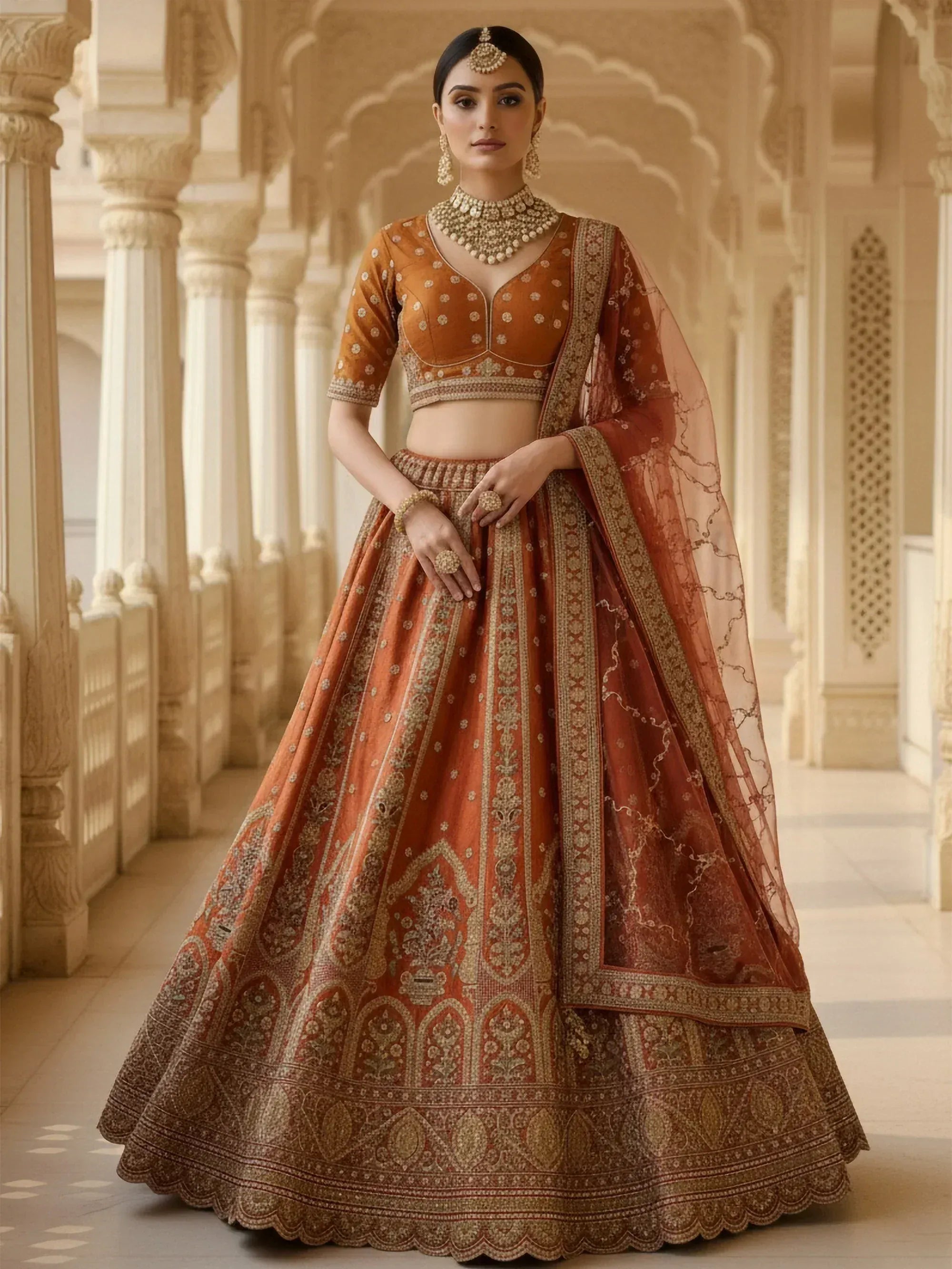 Attractive Orange Heavy Silk Bridal Lehenga Choli With Double Dupatta