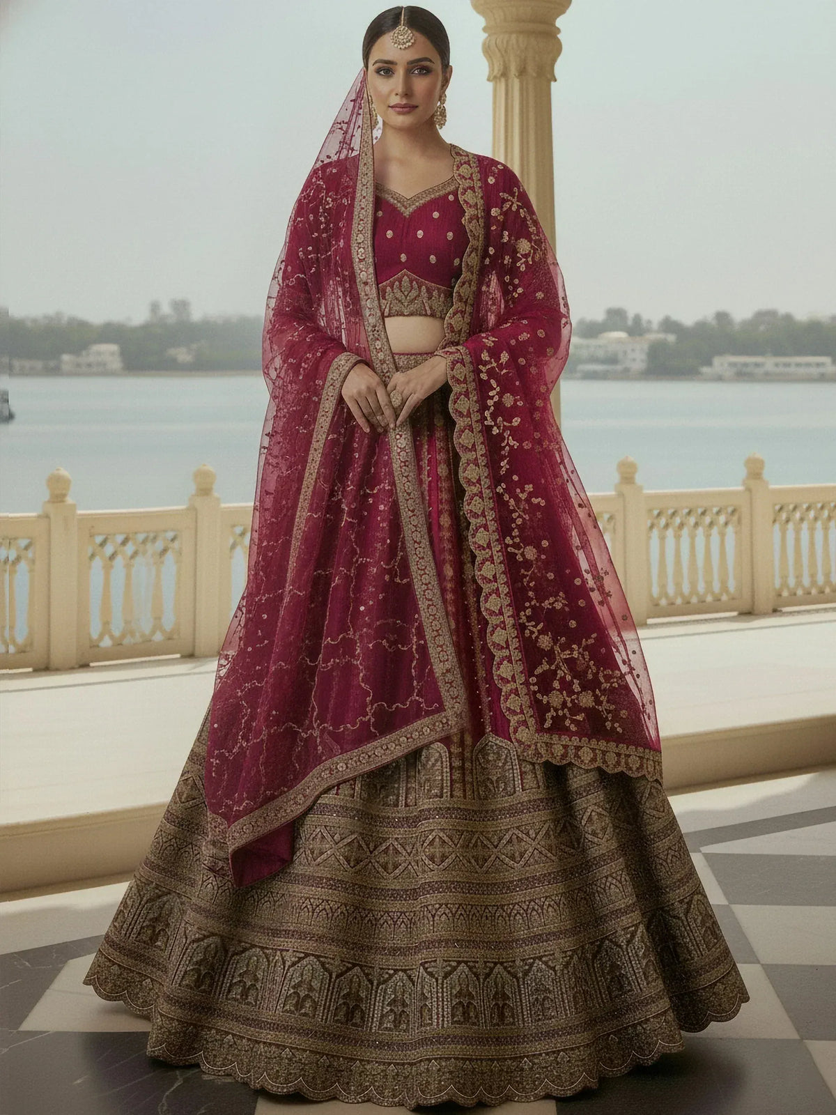Elegant maroon lehenga choli with gold embroidery, perfect for Indian weddings and festive occasions.