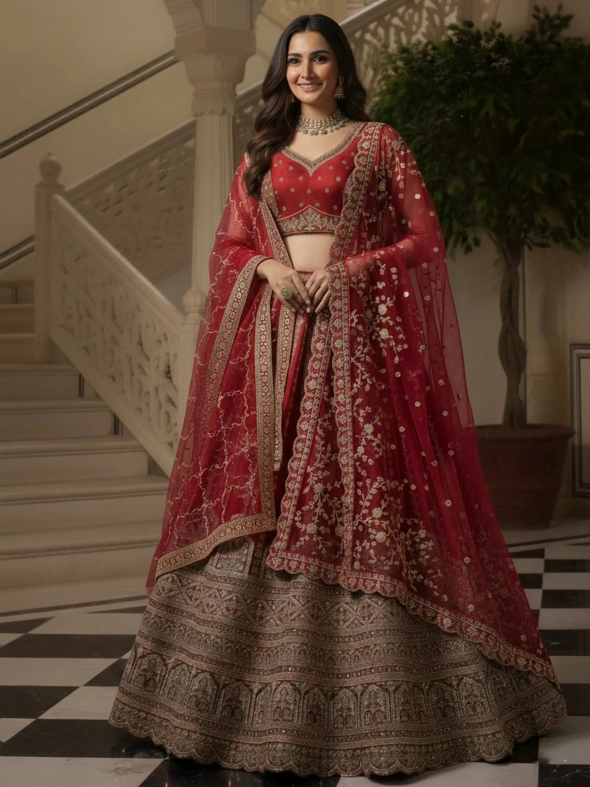 Amazing Red Sequins Embroidered Silk Bridal Wear Lehenga Choli