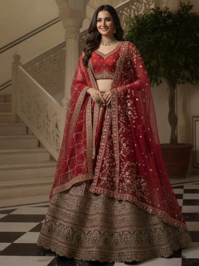 Amazing Red Sequins Embroidered Silk Bridal Wear Lehenga Choli