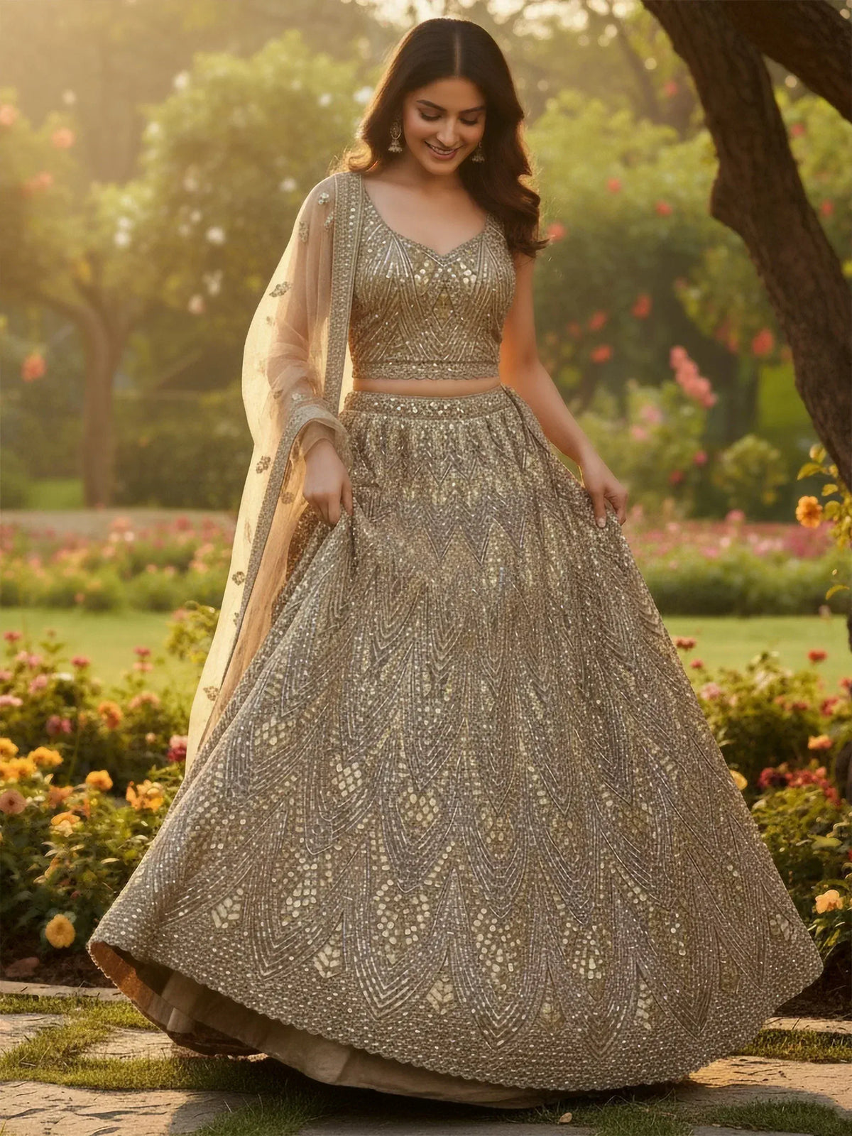 Elegant gold sequin lehenga choli with intricate embroidery, perfect for Indian weddings and festive occasions.