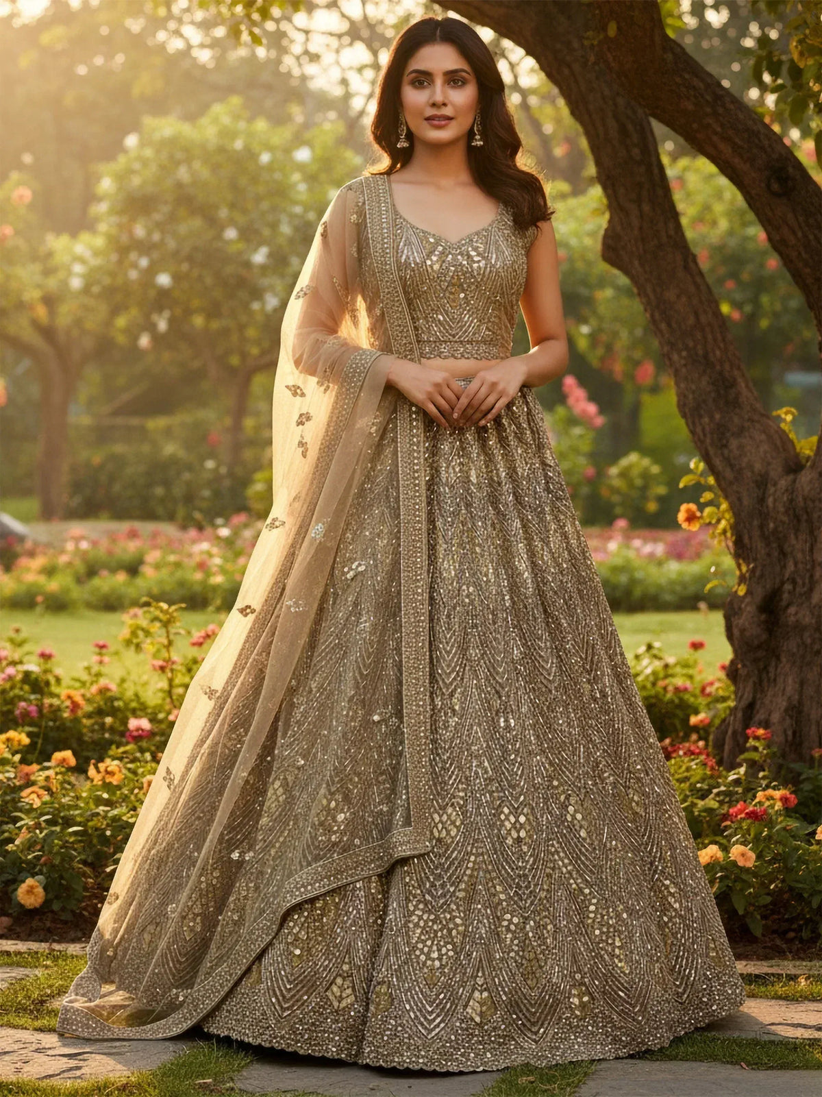 Elegant gold embroidered lehenga choli with sheer dupatta, perfect for Indian ethnic wear events.