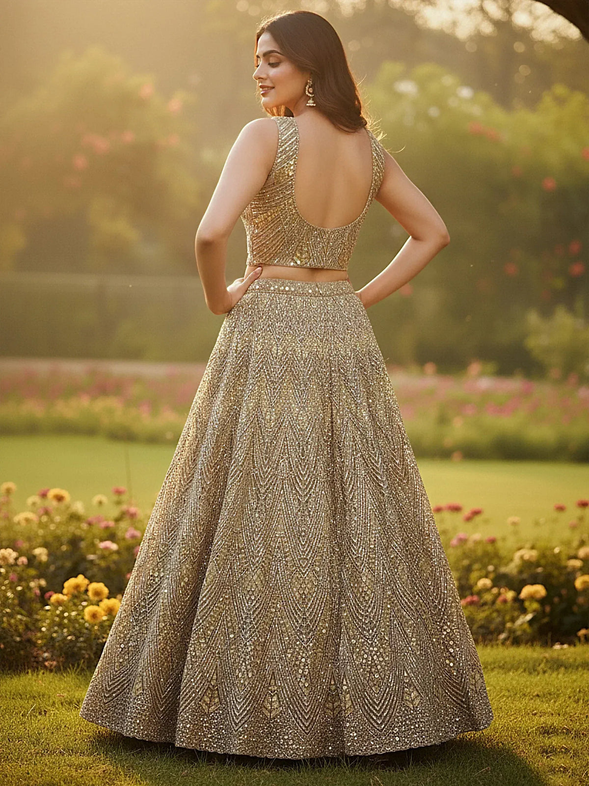 Elegant gold sequined lehenga choli with backless blouse, perfect for Indian ethnic events and weddings.