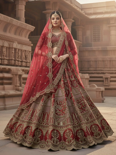 Stunning Red Embroidered Silk Bridal Lehenga Choli With Double Dupatta