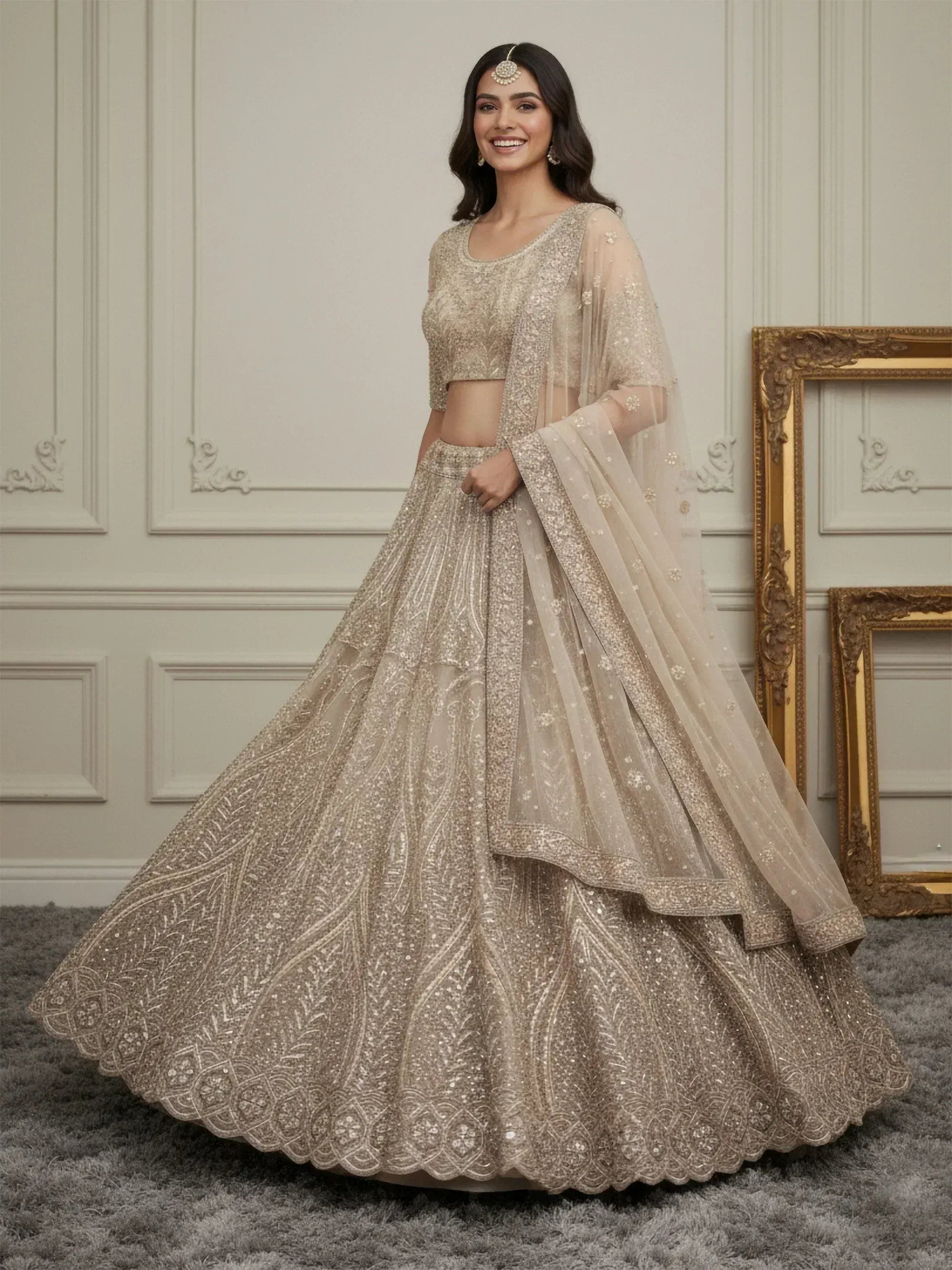 Beautiful Golden Diamond Work Net Reception Wear Lehenga Choli