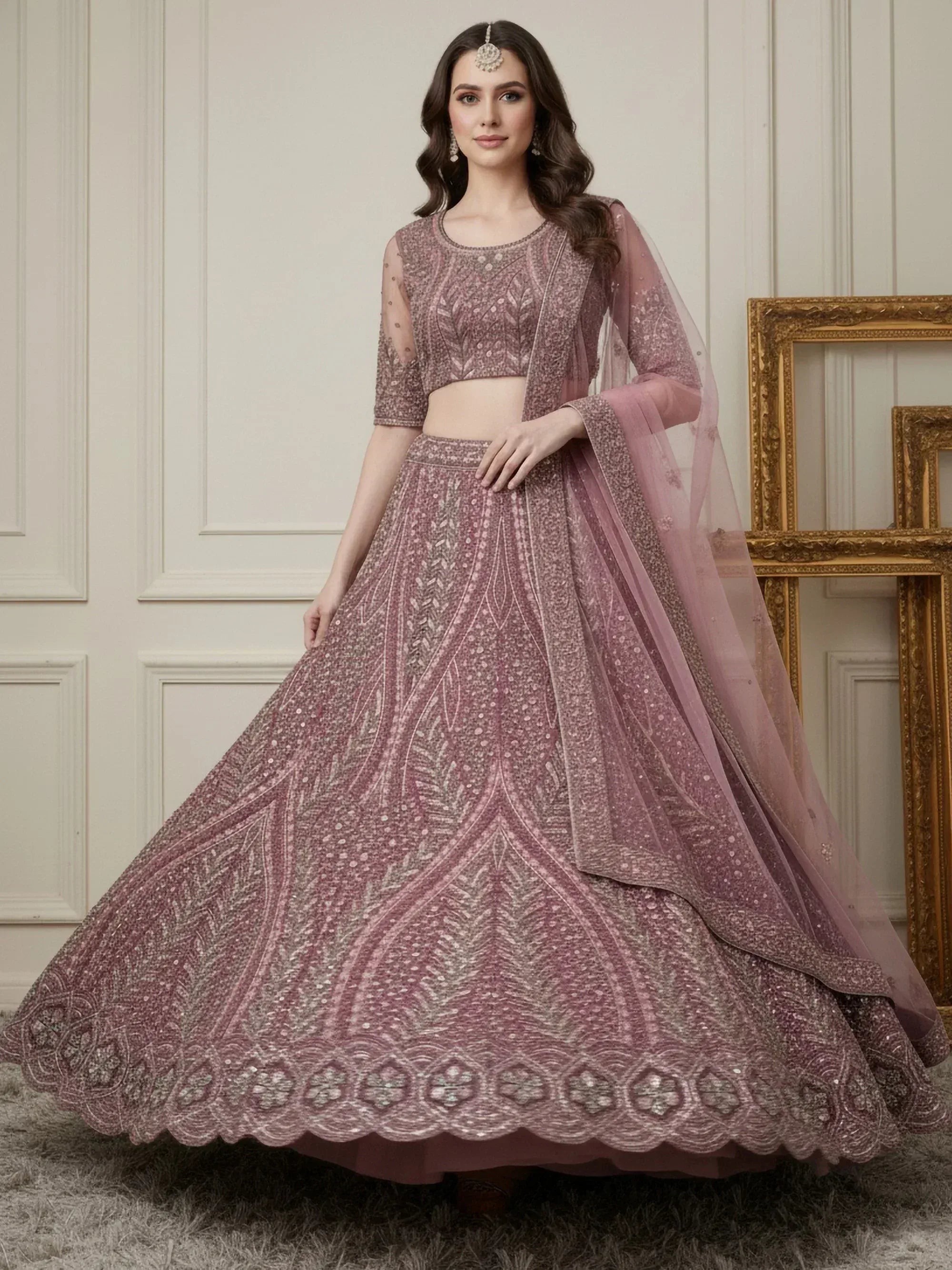 Alluring Pink Sequins Embroidered Net Engagement Wear Lehenga Choli