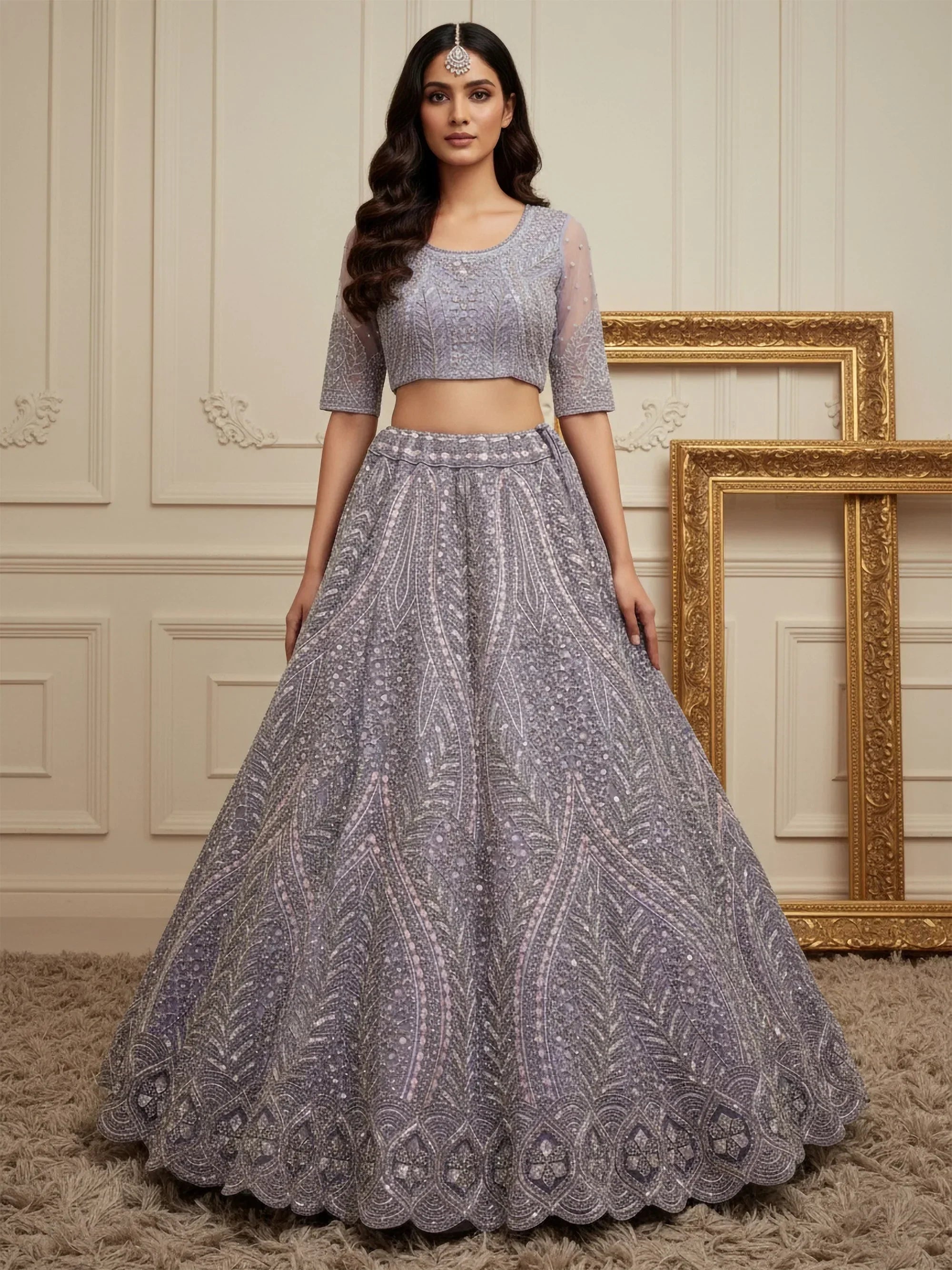 Wonderful Purple Sequins Embroidered Net Reception Wear Lehenga Choli