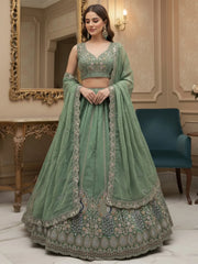 Beautiful Green Sequins Embroidered Silk Engagement Wear Lehenga Choli