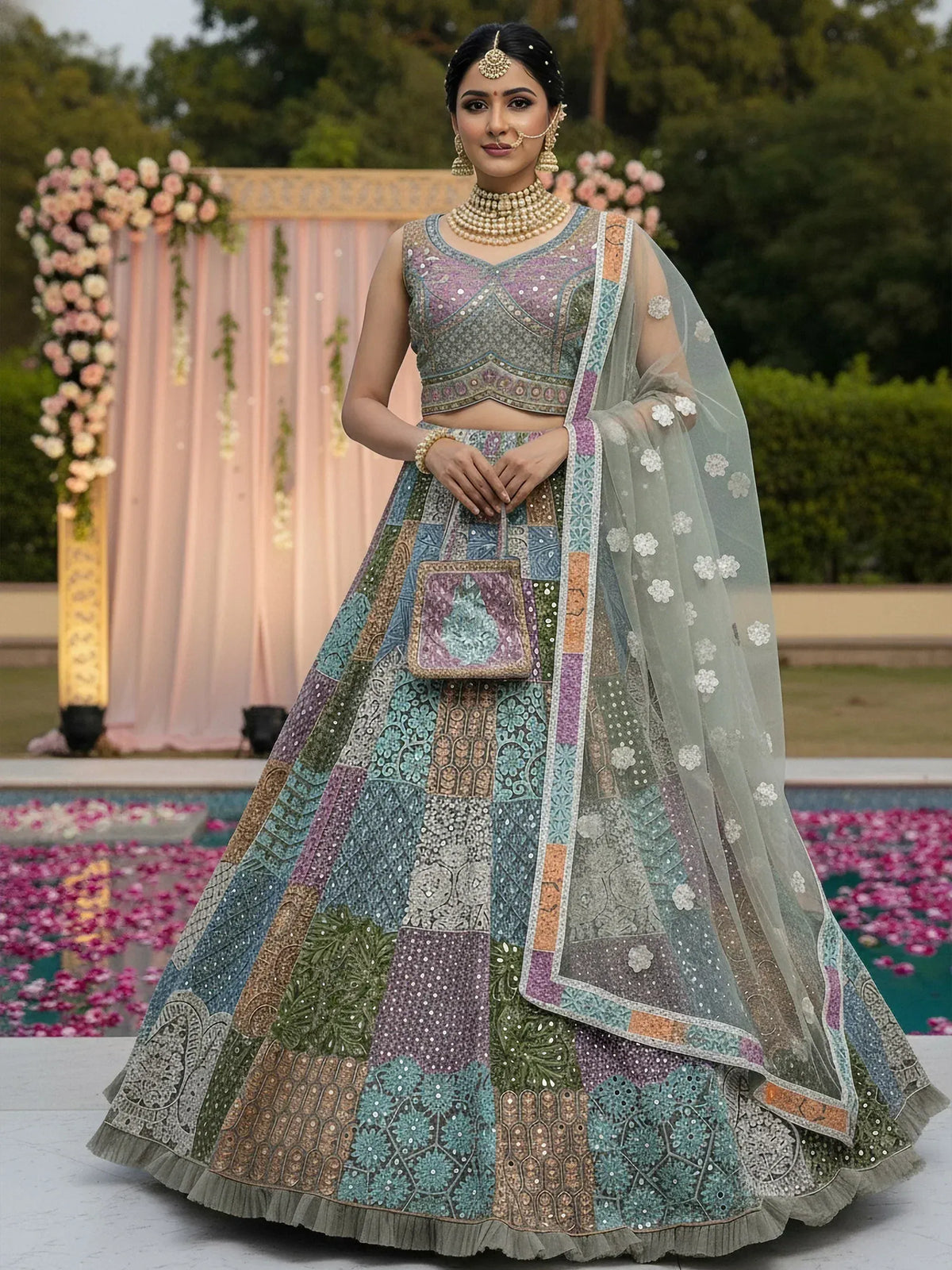 Elegant Indian lehenga choli with patchwork design, perfect for weddings and festive occasions.