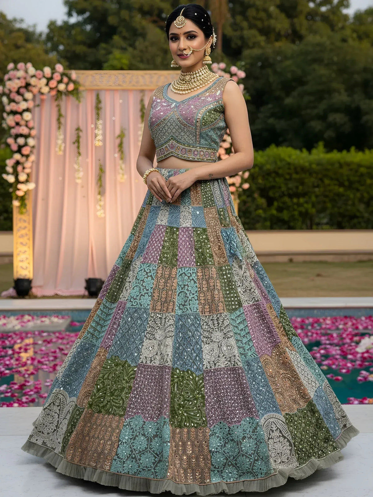 Colorful patchwork lehenga choli with intricate embroidery, perfect for Indian weddings and festive occasions.