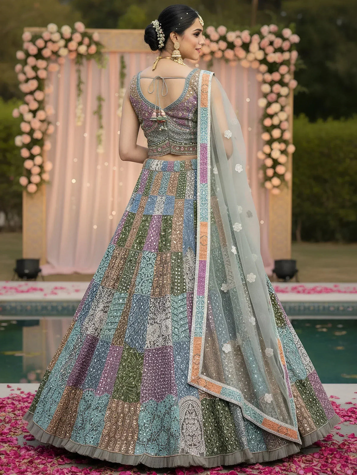 Designer lehenga choli with patchwork print, sequins, and sheer dupatta for Indian weddings