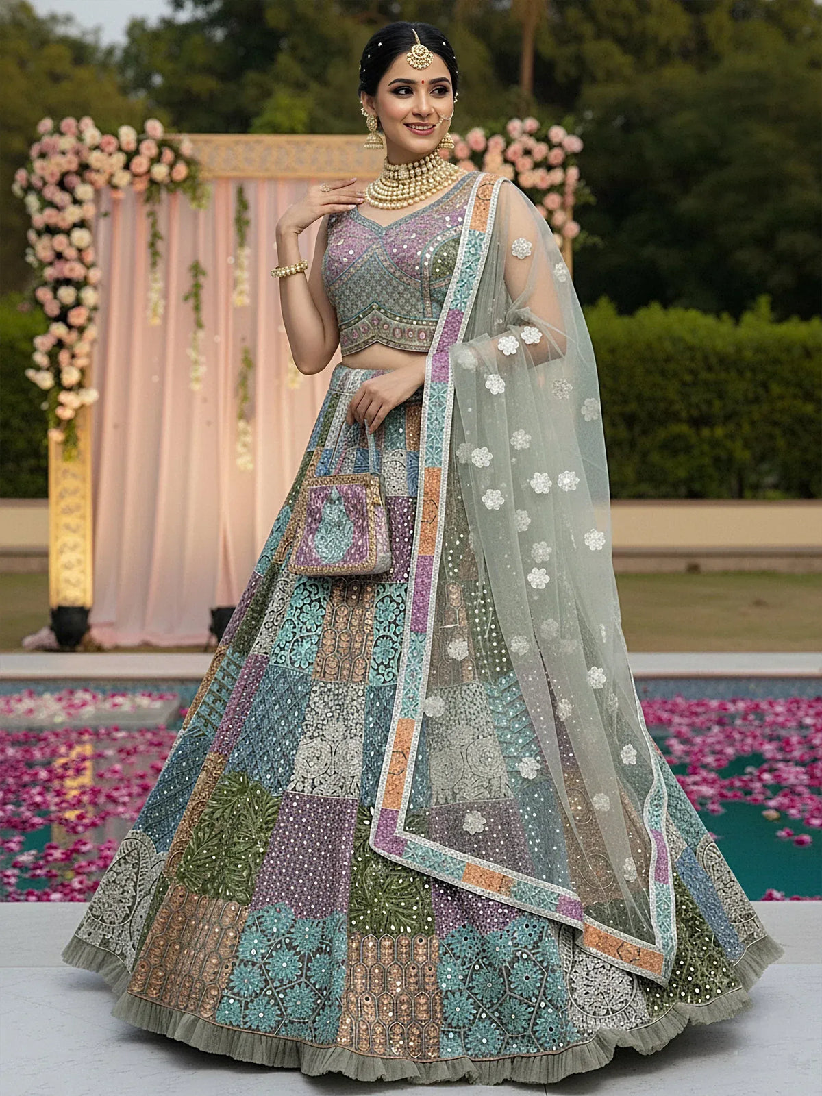 Elegant Indian lehenga choli with patchwork design, sequin embroidery, and floral dupatta for weddings