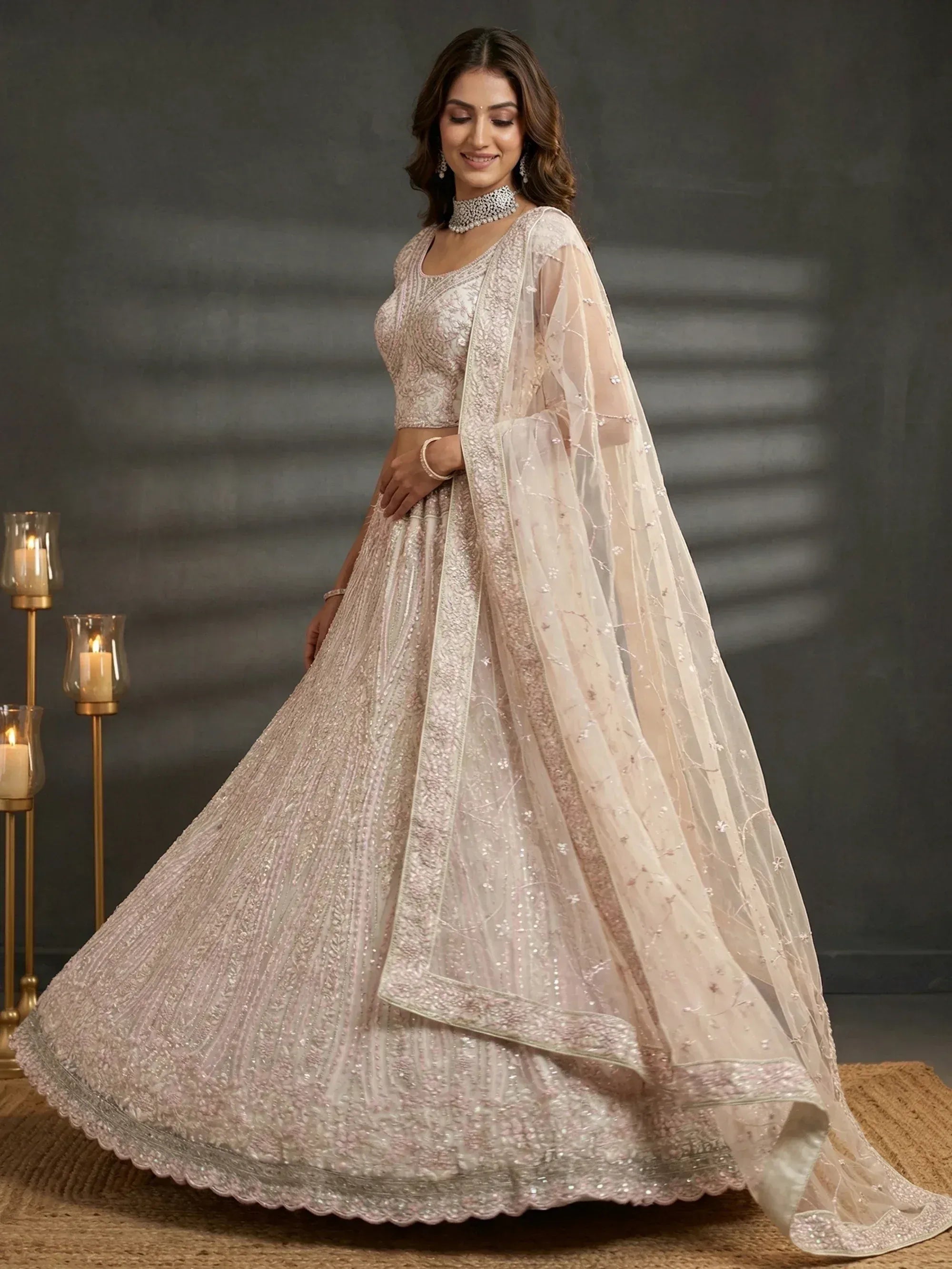 Impressive White Diamond Work Net Reception Wear Lehenga Choli