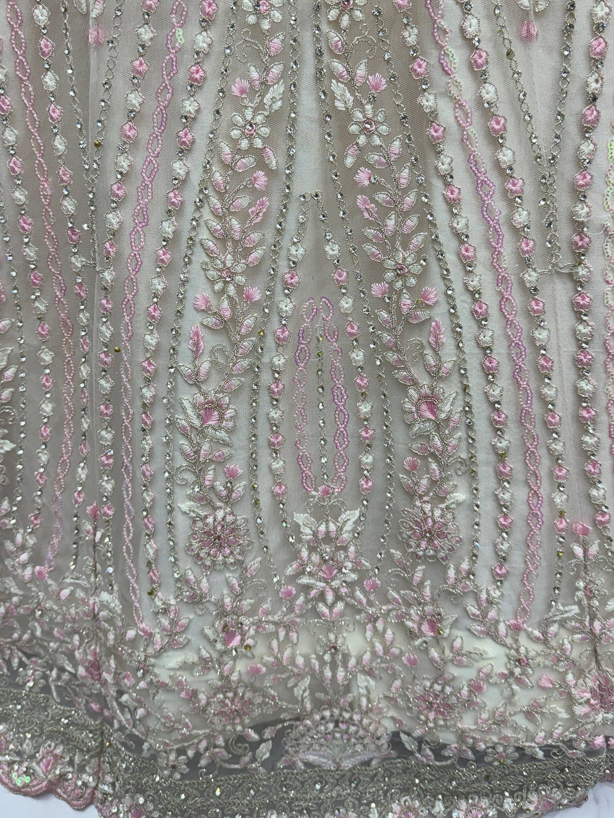 Pink and silver floral embroidery with beads on sheer fabric for ethnic wear
