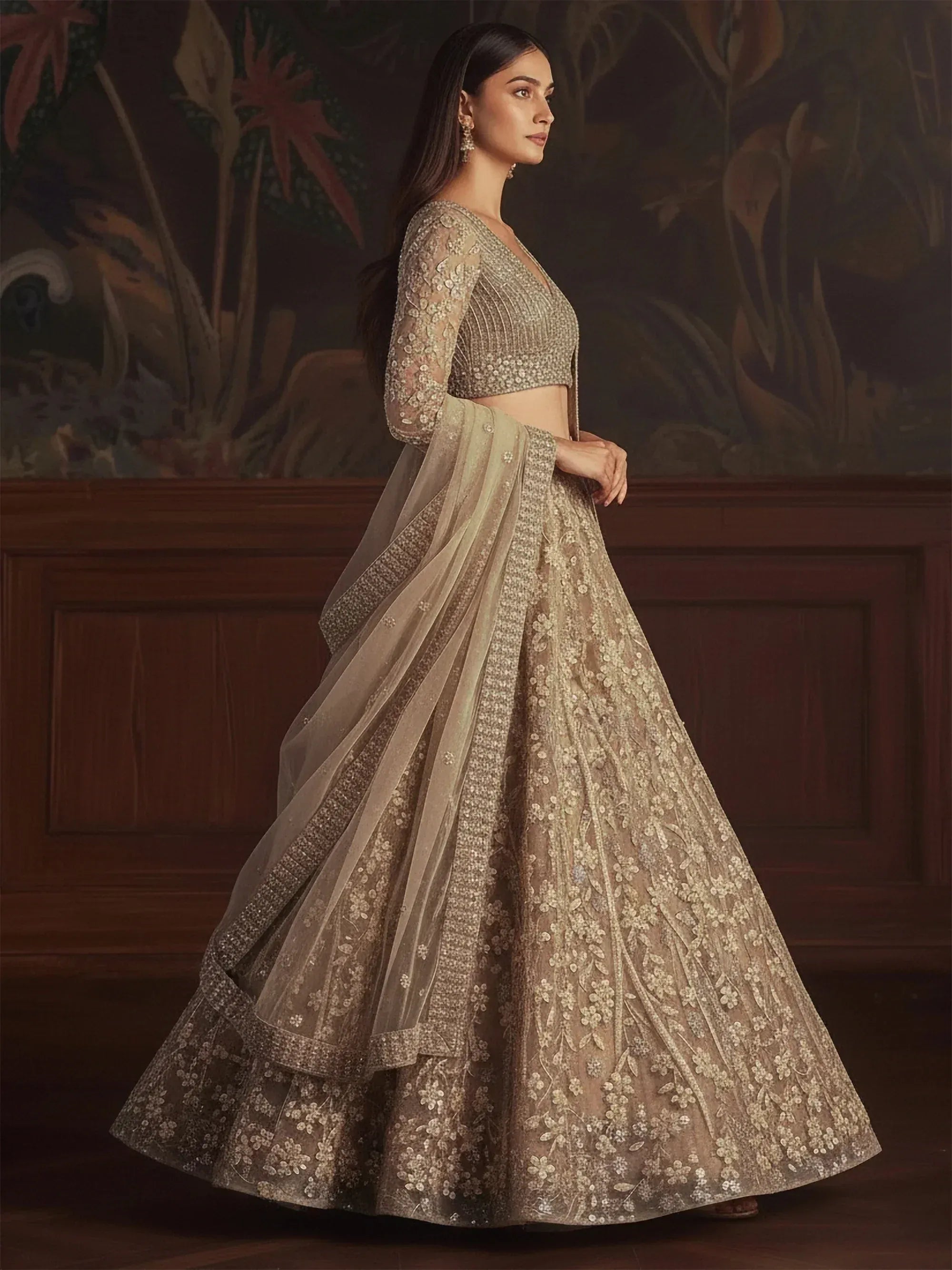 Alluring Golden Sequins Embroidered Net Reception Wear Lehenga Choli
