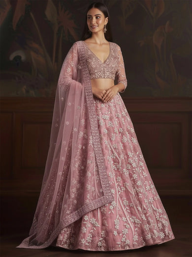 Stunning Pink Sequins Embroidered Net Engagement Wear Lehenga Choli