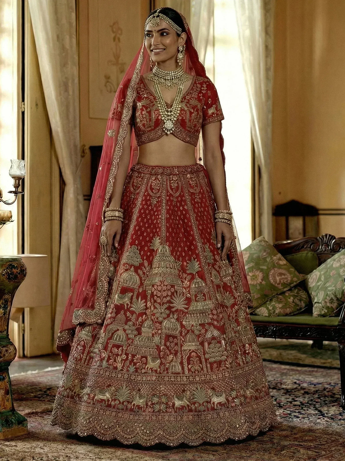 Red embroidered lehenga choli with gold detailing and matching dupatta for Indian ethnic wear
