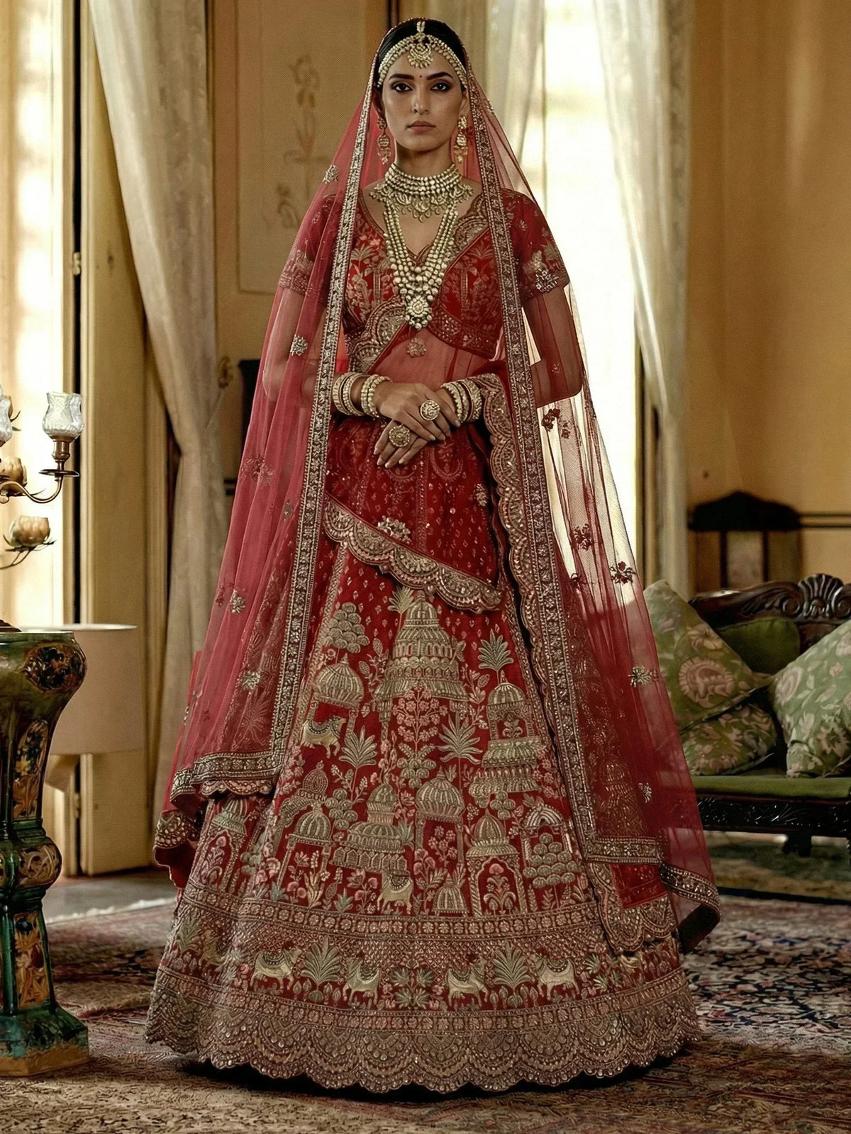 Elegant red bridal lehenga with intricate gold embroidery and matching dupatta for Indian weddings