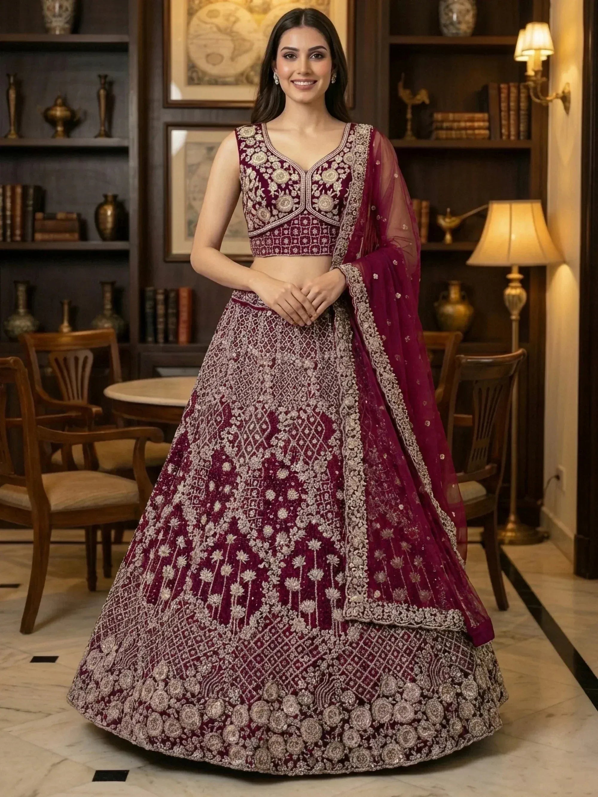 Elegant maroon lehenga choli with intricate gold embroidery and sheer dupatta for Indian ethnic wear