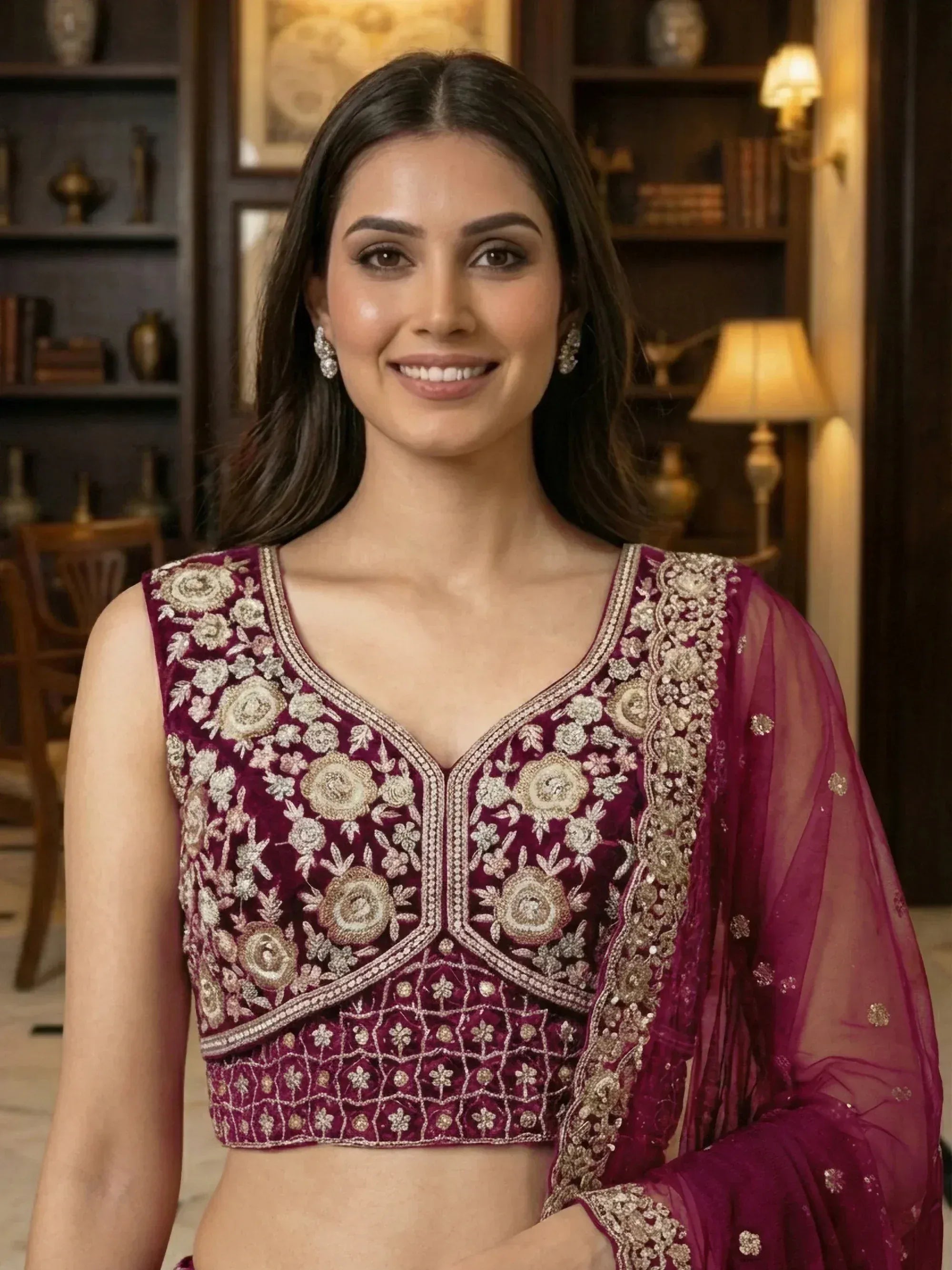 Elegant maroon embroidered lehenga choli with floral motifs and sheer dupatta for Indian ethnic wear