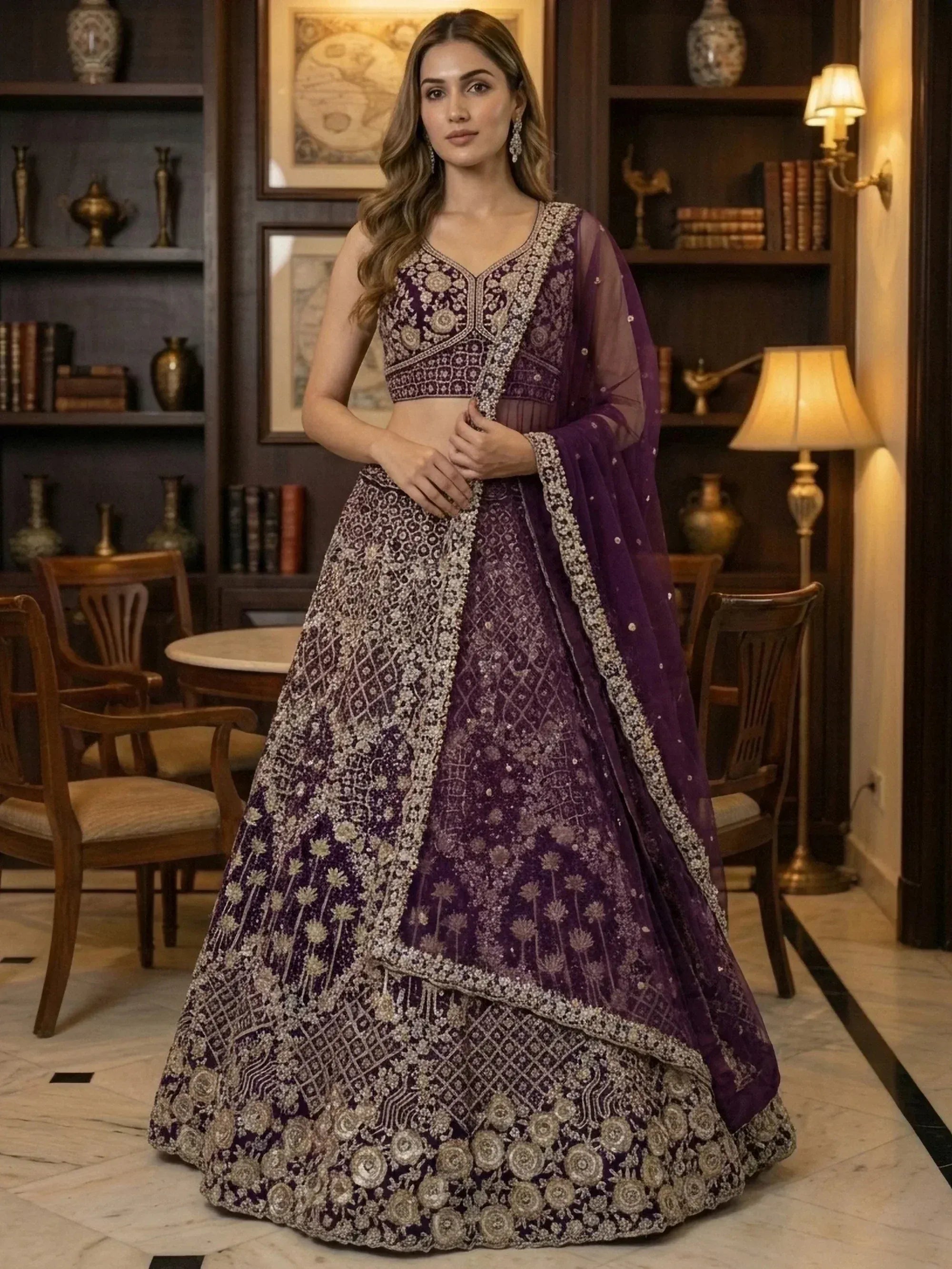 Elegant purple lehenga choli with intricate gold embroidery and sheer dupatta, perfect for Indian weddings or festive occasions.