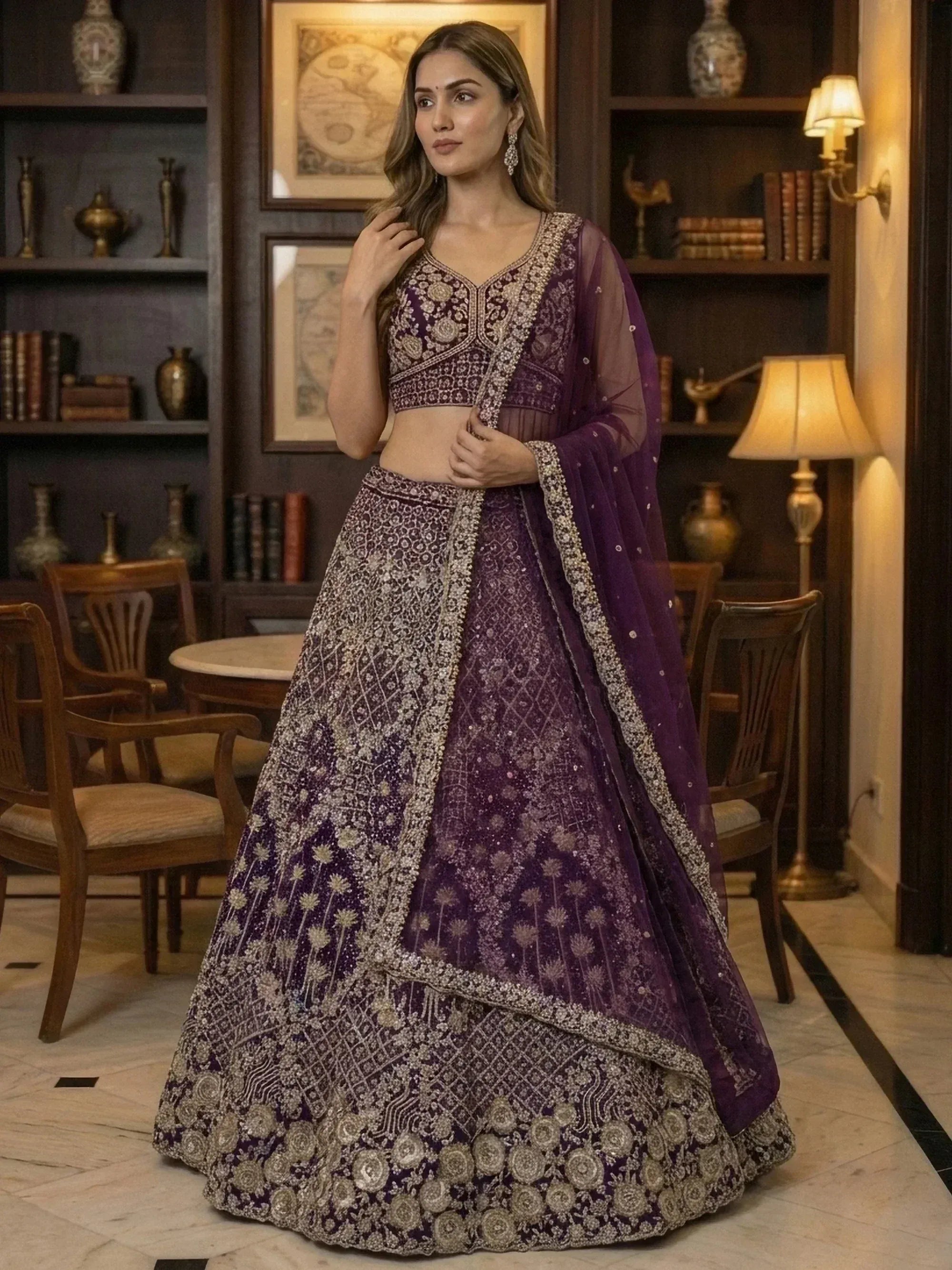 Alluring Wine Thread Embroidered Silk Reception Wear Lehenga Choli