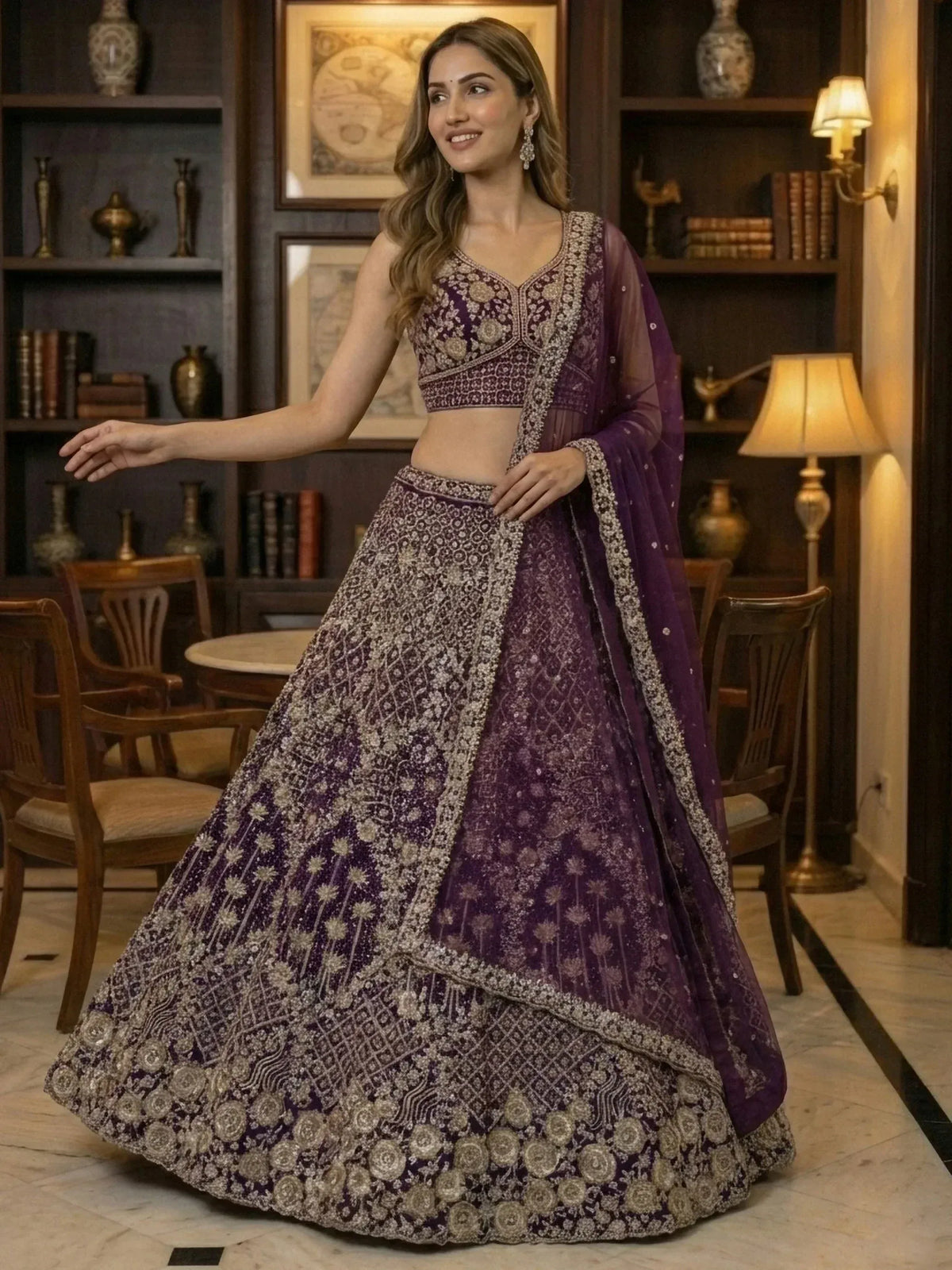 Elegant purple lehenga choli with intricate gold embroidery and matching dupatta, perfect for Indian weddings and festive occasions.