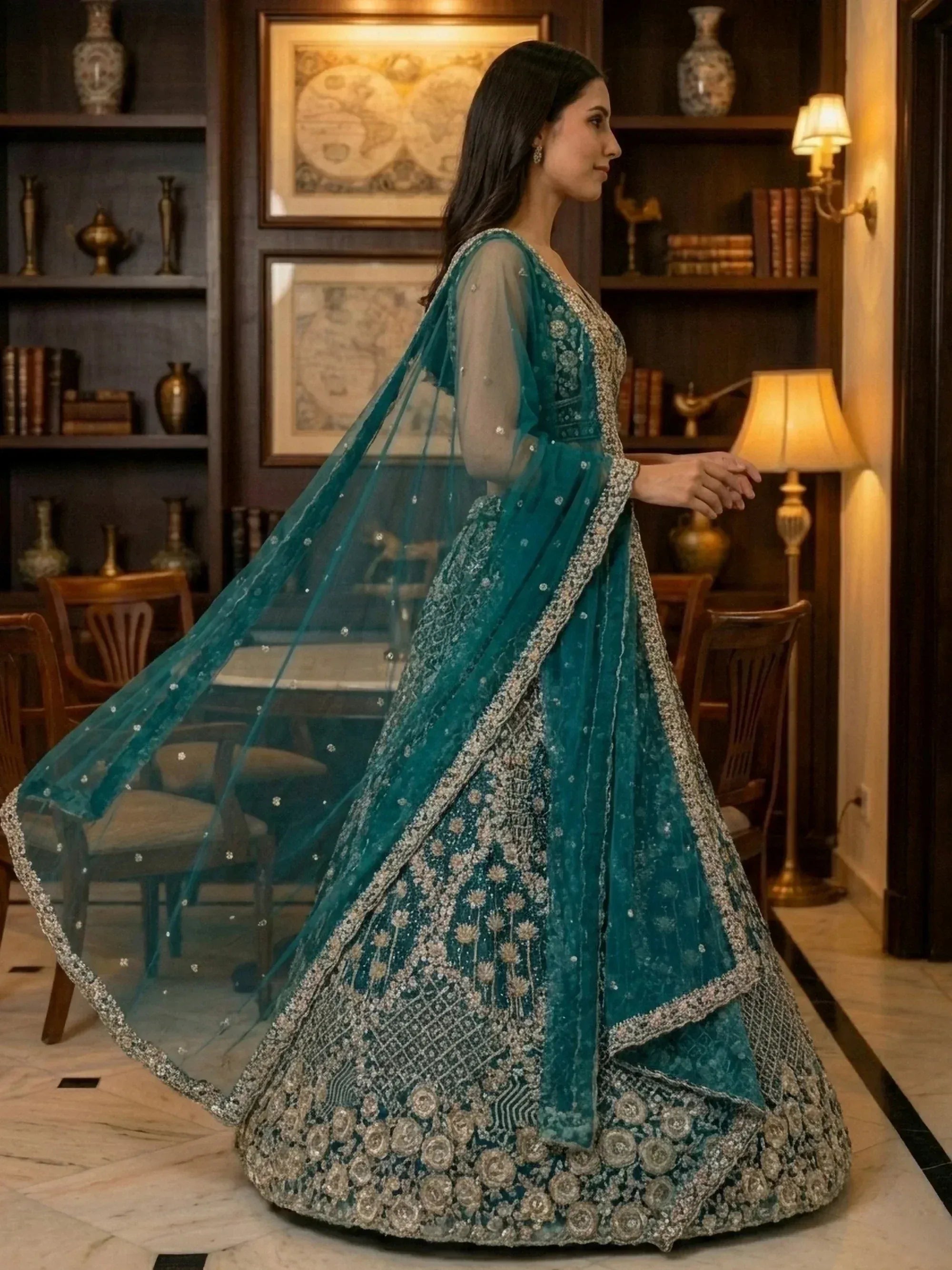 Teal embroidered lehenga choli with sheer dupatta, perfect for Indian ethnic wear and festive occasions.