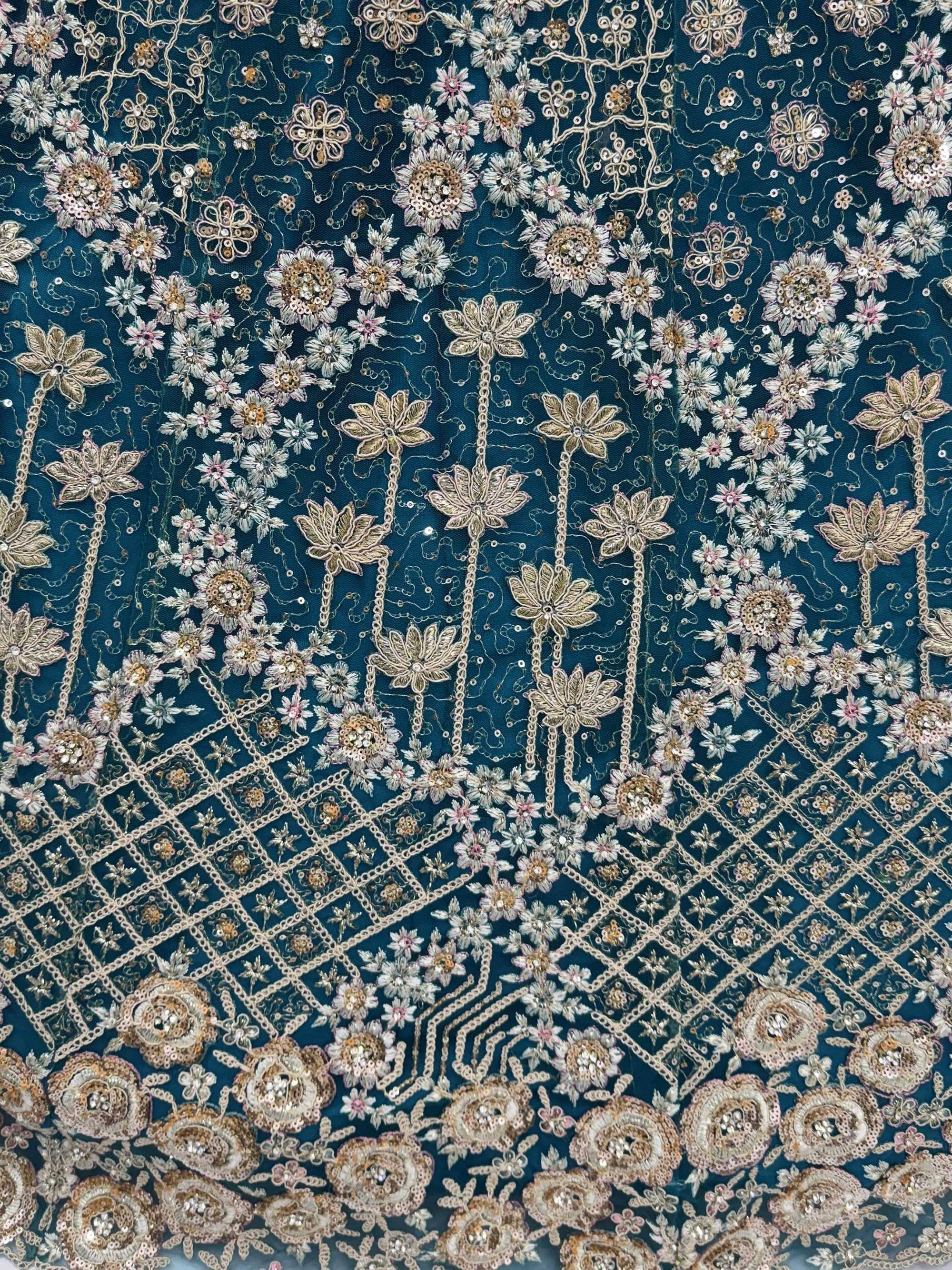 Elegant teal fabric with floral embroidery and sequins for designer lehenga choli or saree