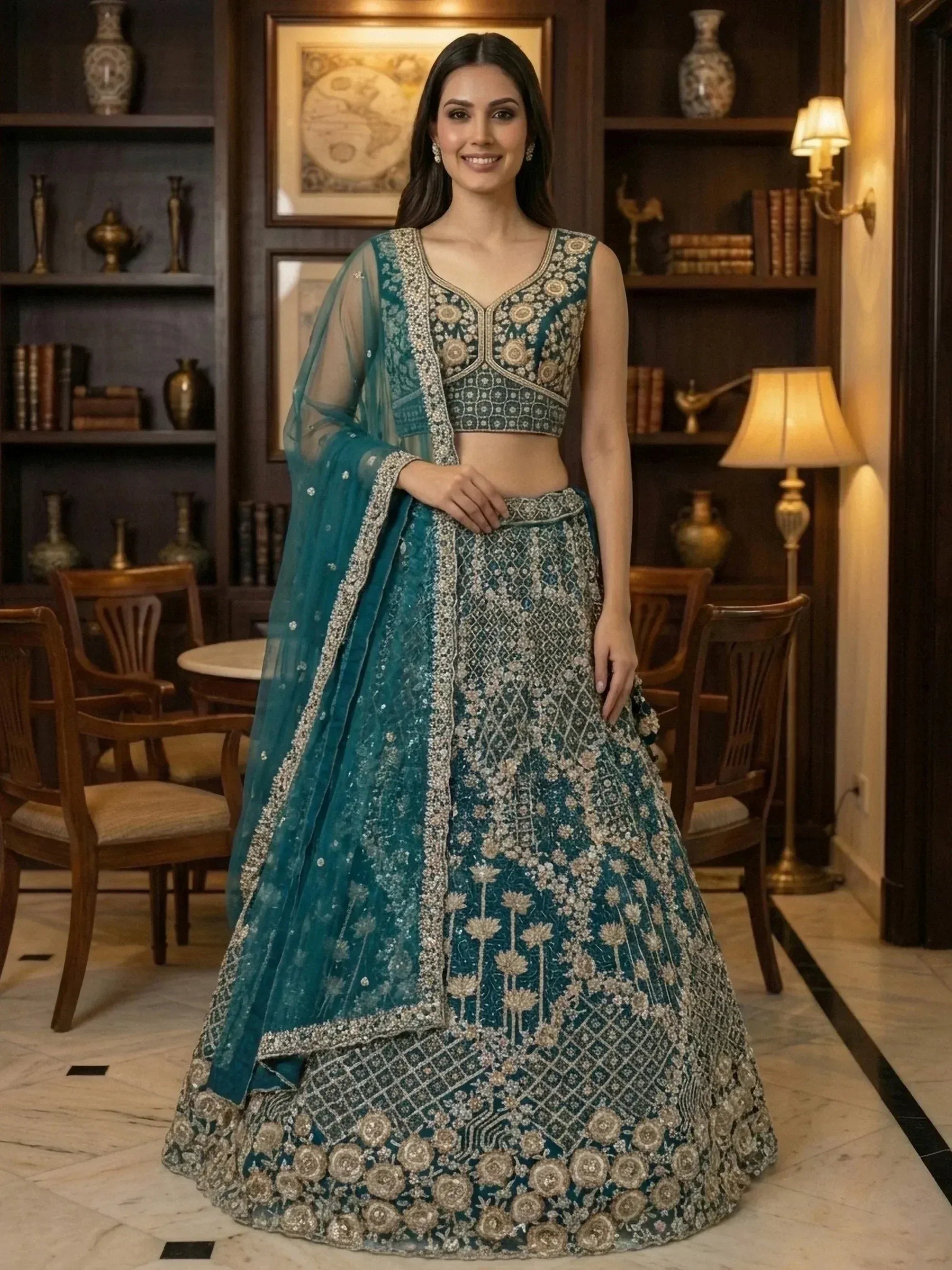 Teal embroidered lehenga choli with floral patterns and matching dupatta for Indian ethnic wear