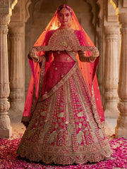 Great Pink Embroidered Silk Bridal Lehenga Choli With Double Dupatta