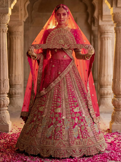 Great Pink Embroidered Silk Bridal Lehenga Choli With Double Dupatta