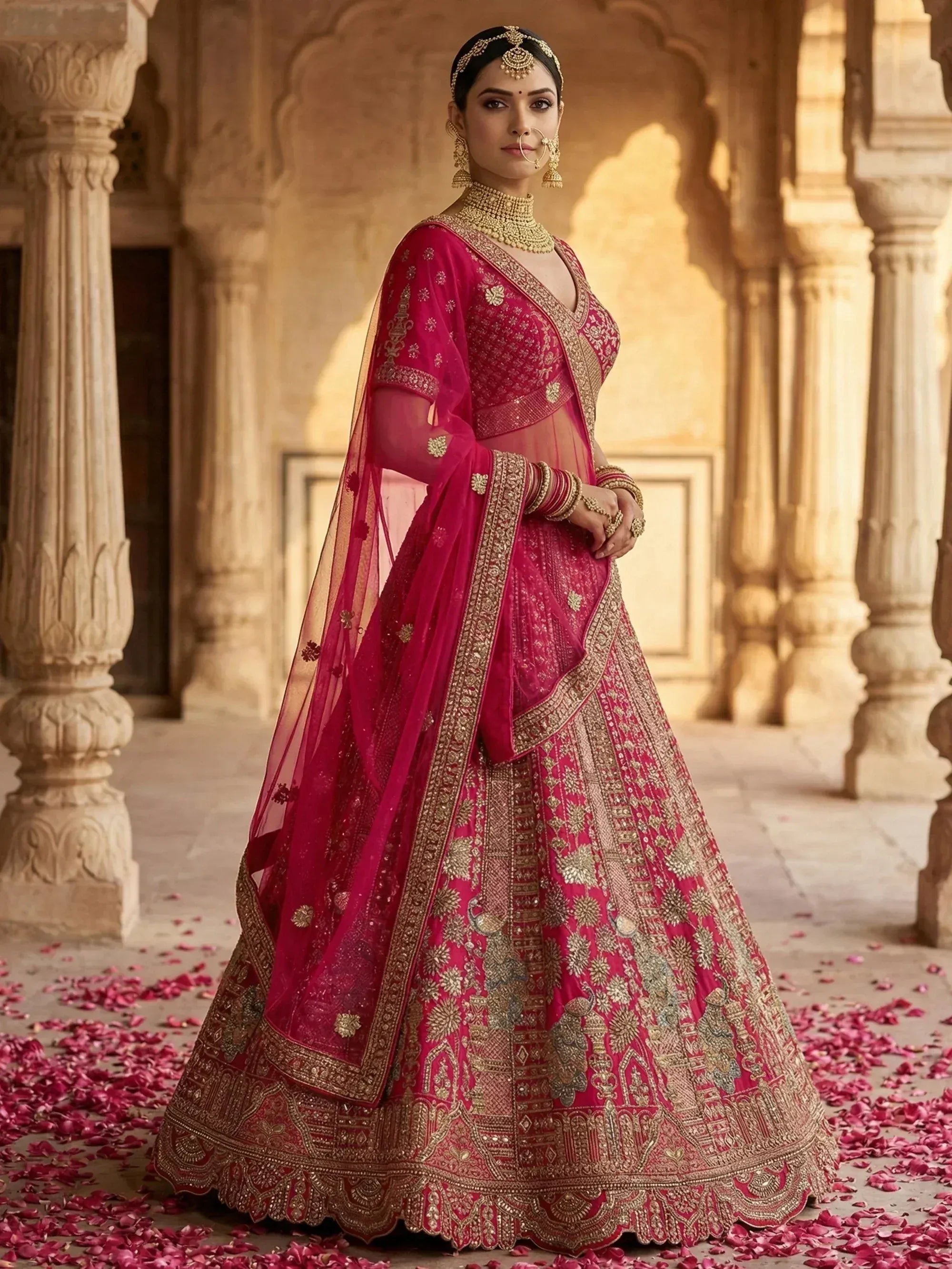 Great Pink Embroidered Silk Bridal Lehenga Choli With Double Dupatta