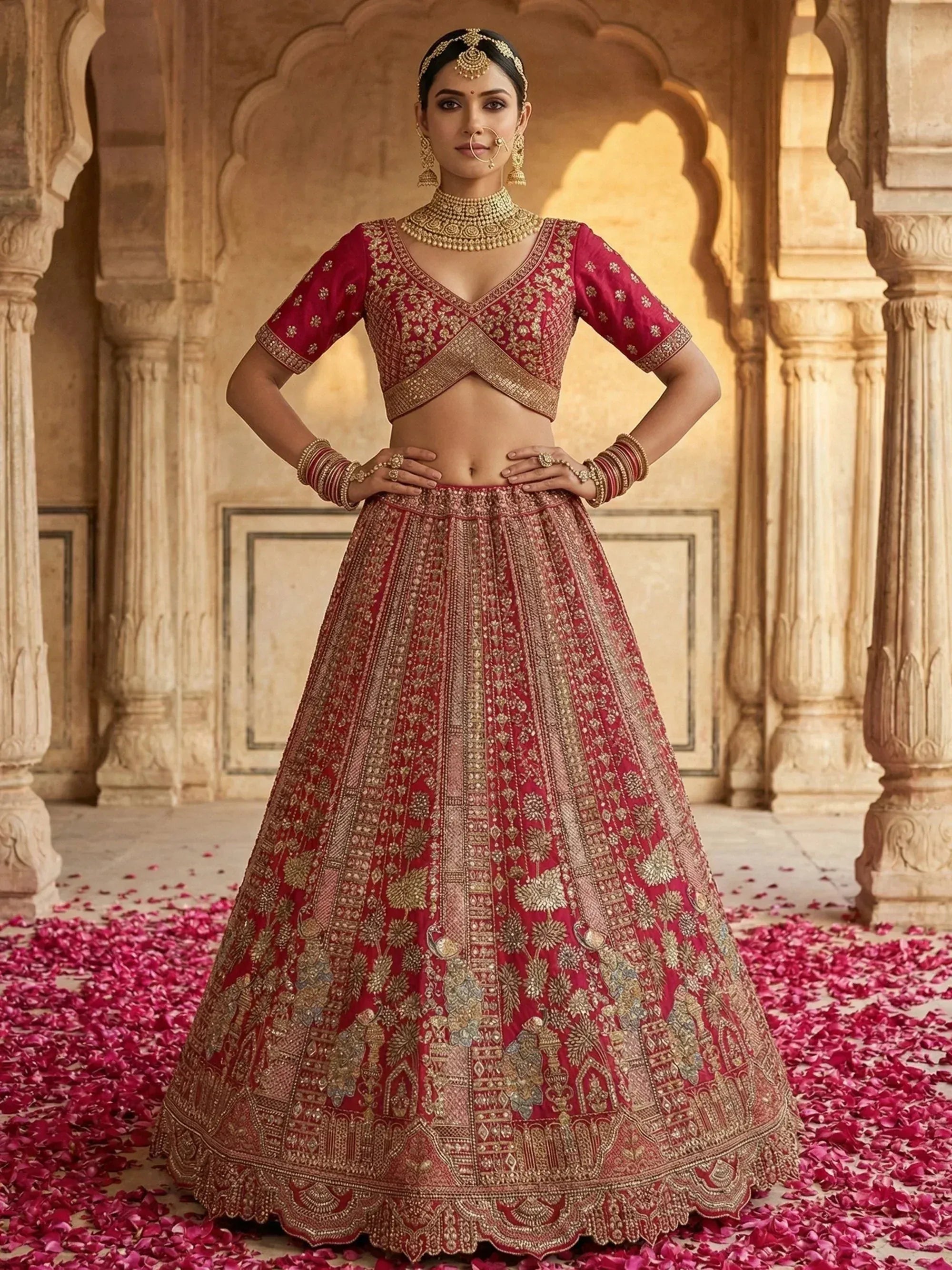 Great Pink Embroidered Silk Bridal Lehenga Choli With Double Dupatta