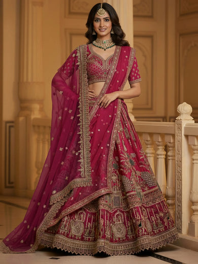Lovely Red Embroidered Silk Bridal Lehenga Choli With Double Dupatta