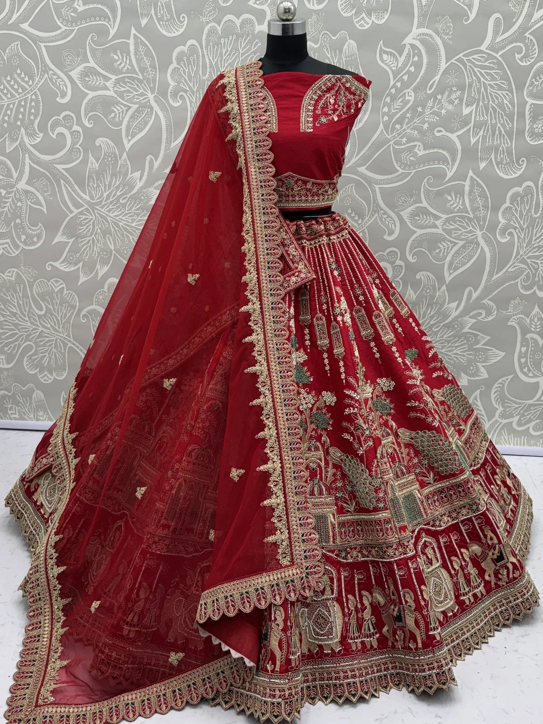 Graceful Red Embroidered Silk Bridal Lehenga Choli With Double Dupatta
