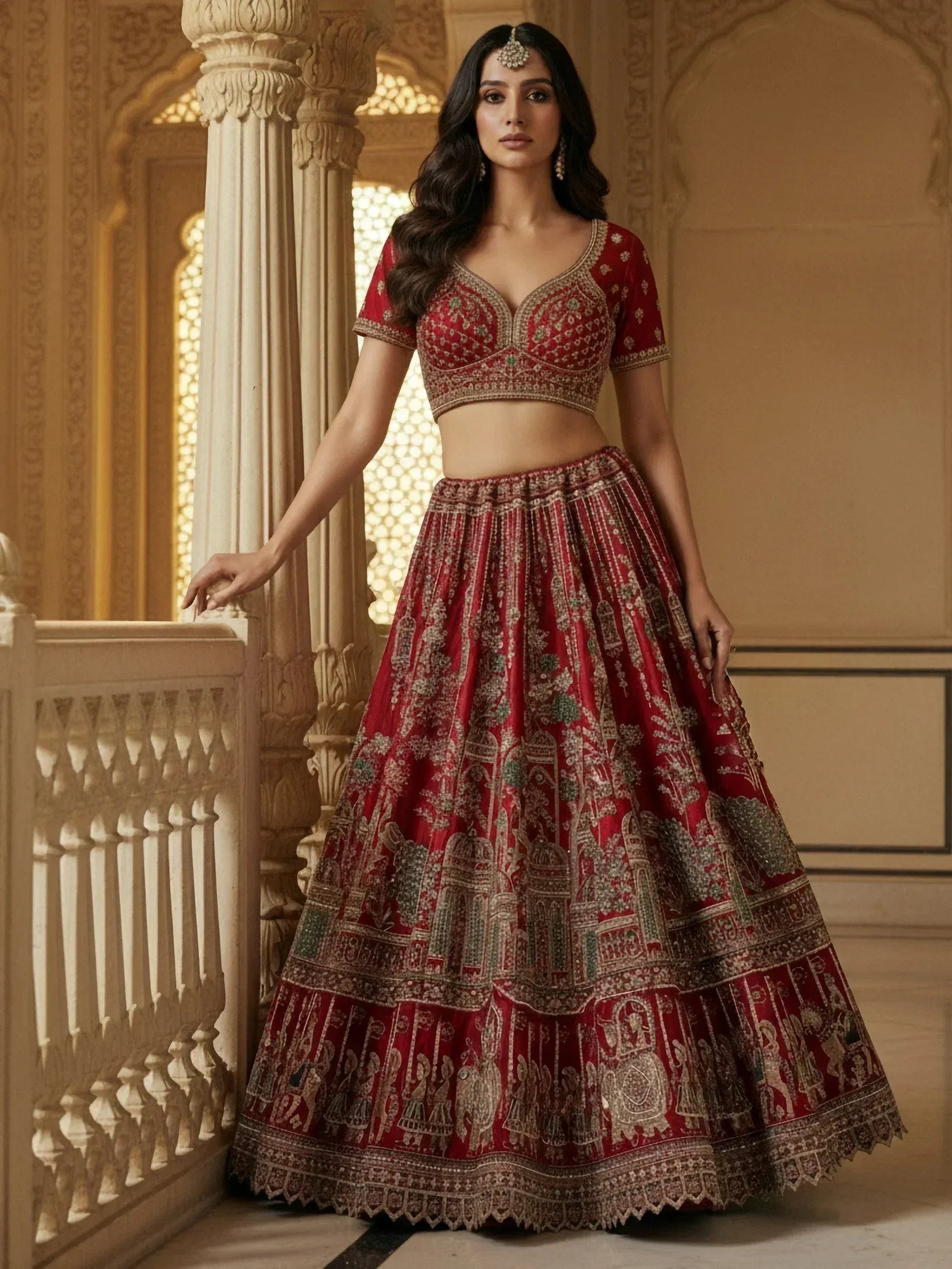 Graceful Red Embroidered Silk Bridal Lehenga Choli With Double Dupatta