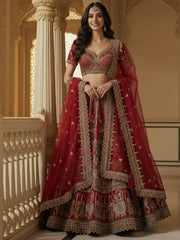 Graceful Red Embroidered Silk Bridal Lehenga Choli With Double Dupatta