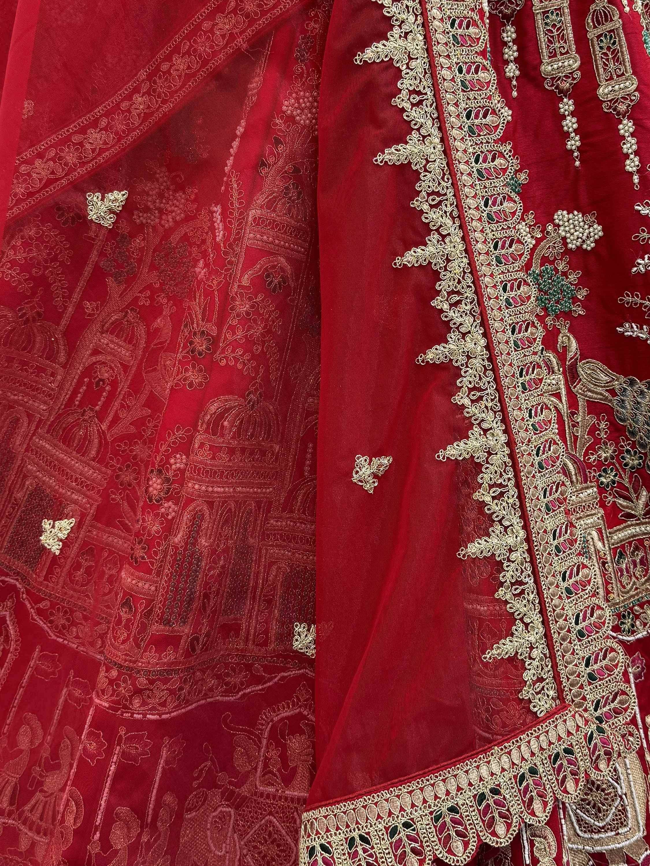 Graceful Red Embroidered Silk Bridal Lehenga Choli With Double Dupatta