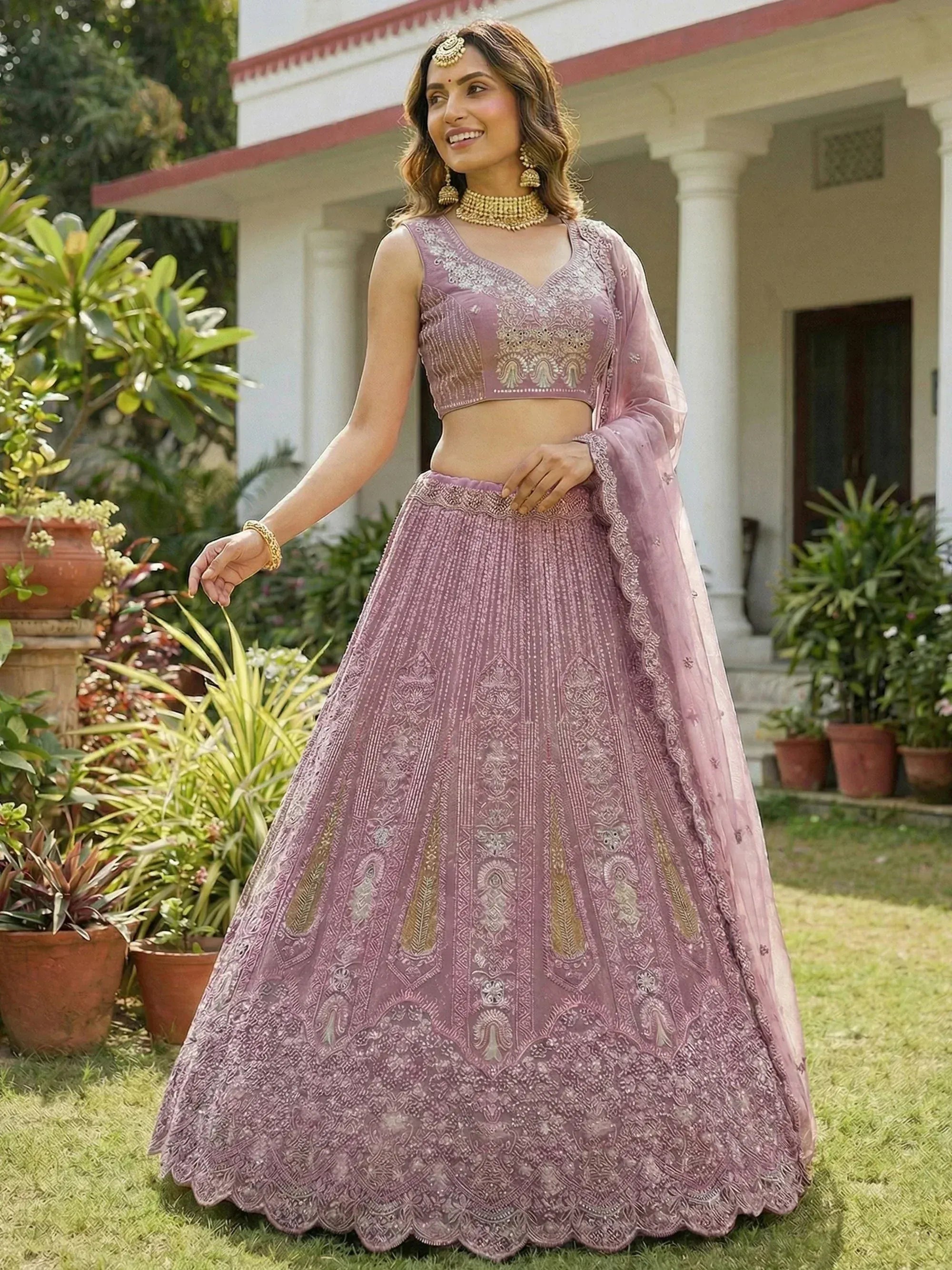 Stylish Pink Dori Embroidered Net Reception Wear Lehenga Choli