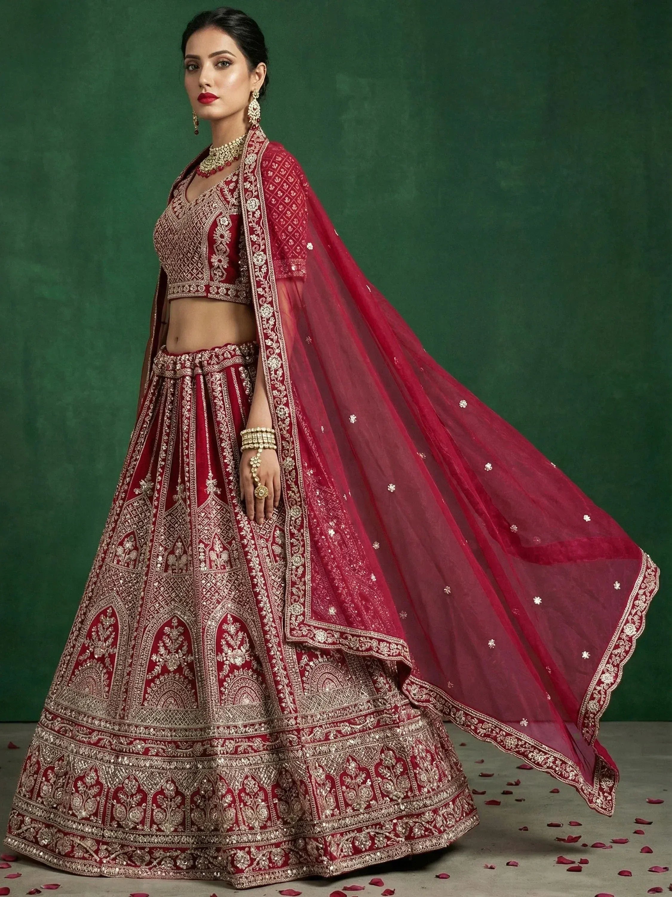 Alluring Red Dori Embroidered Satin Bridal Lehenga Choli