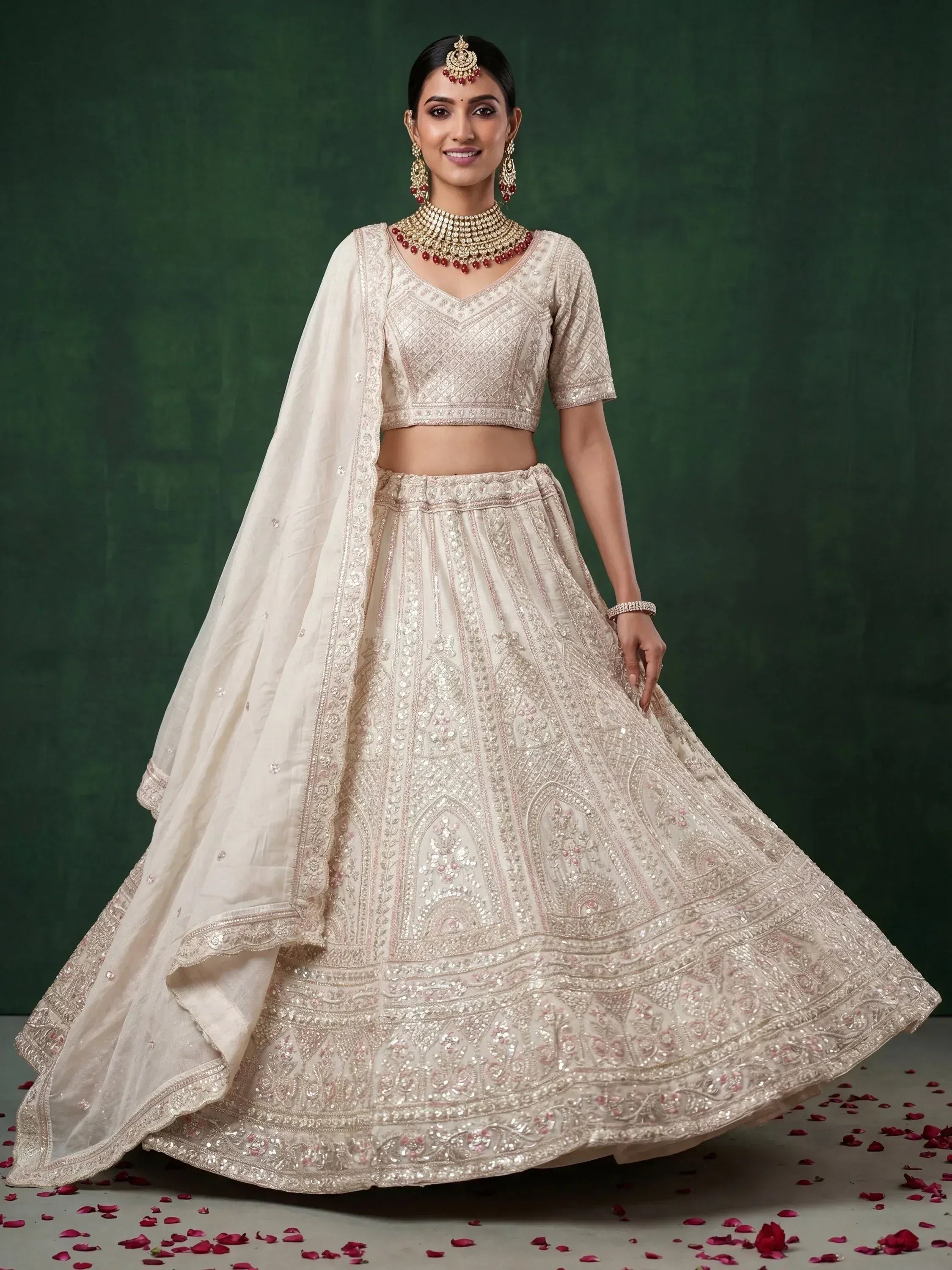 Amazing Off-White Dori Embroidered Satin Bridesmaid Lehenga Choli