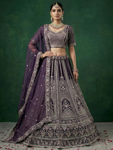 Beautiful Purple Dori Embroidered Satin Wedding Wear Lehenga Choli