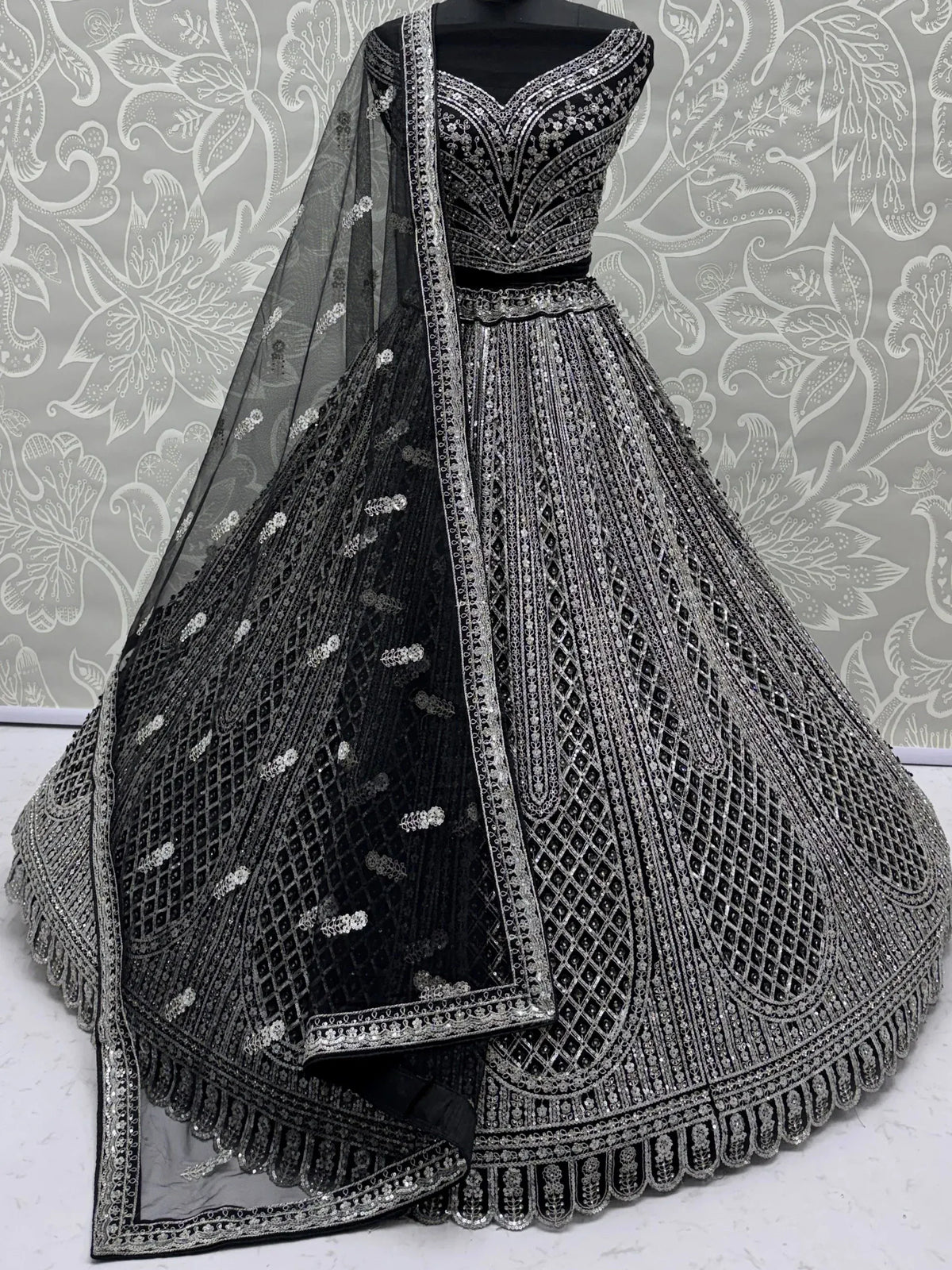 Glamorous Black Sequins Embroidered Net Wedding Wear Lehenga Choli
