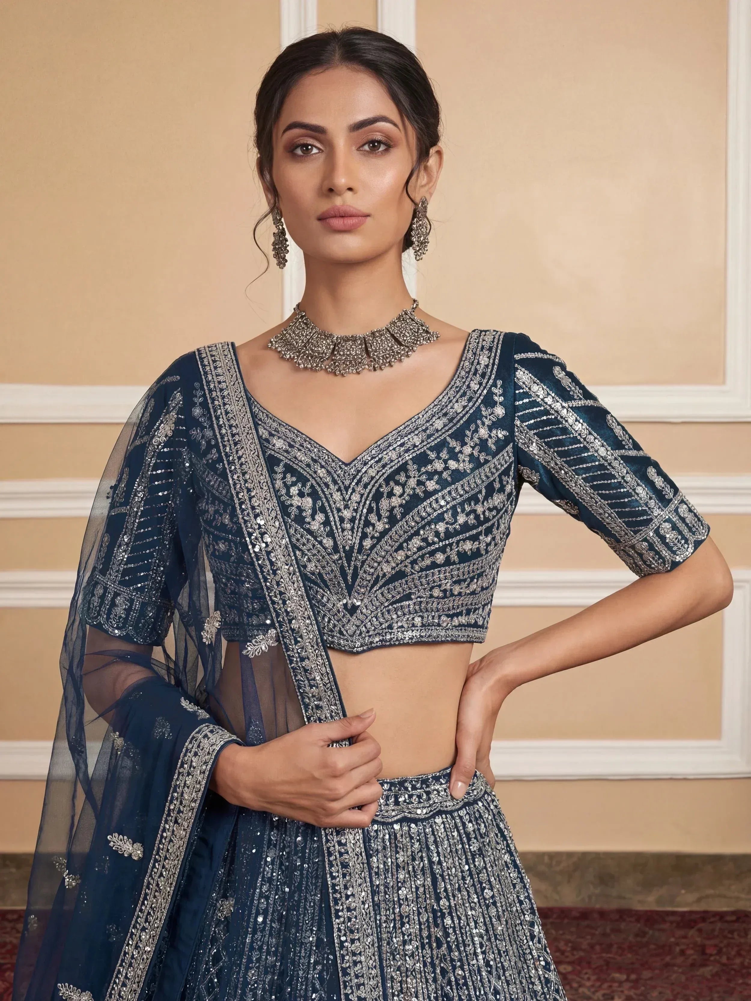 Elegant Blue Sequins Embroidered Net Party Wear Lehenga Choli
