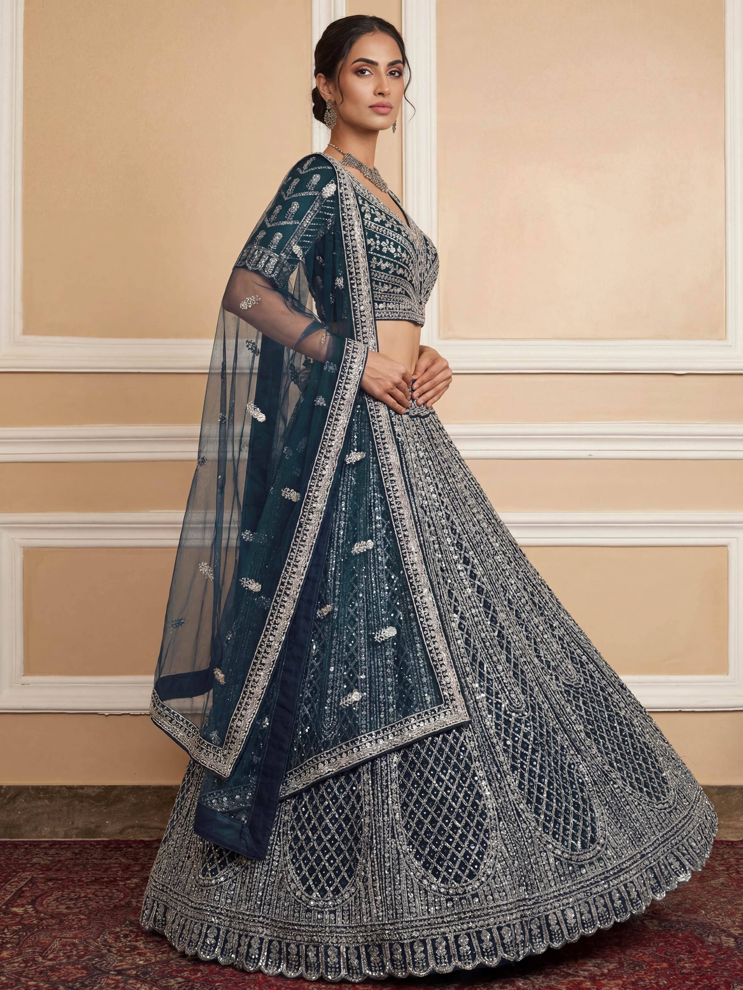 Elegant Blue Sequins Embroidered Net Party Wear Lehenga Choli