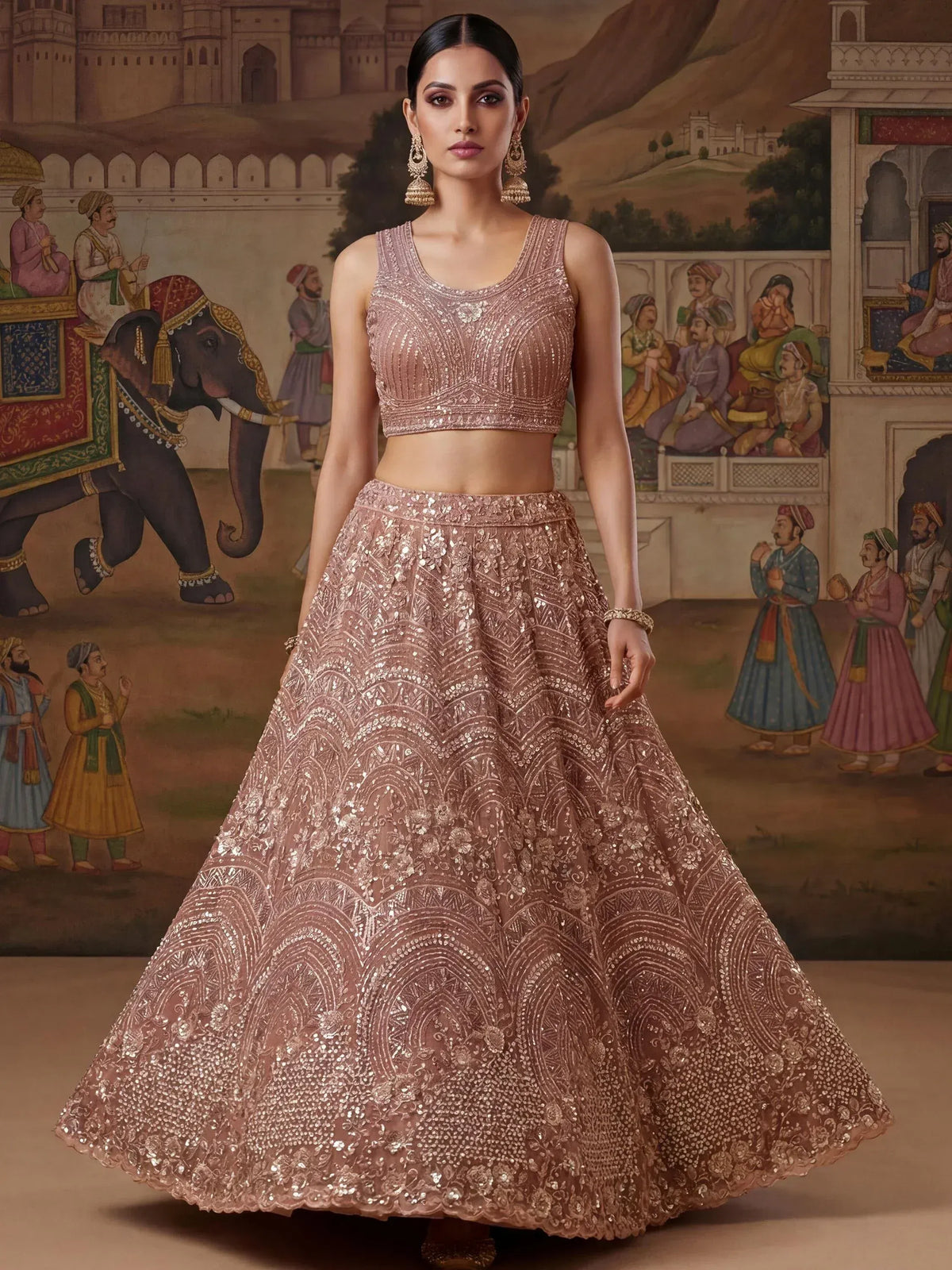 Elegant rose gold sequined lehenga choli with intricate embroidery, perfect for Indian weddings and festive occasions.