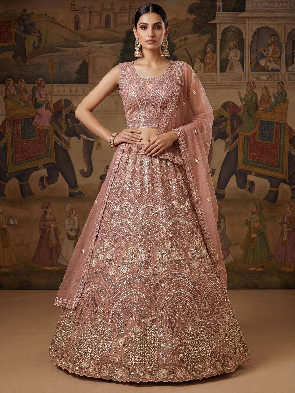 Pink embroidered lehenga choli with floral sequin work, perfect for Indian weddings and festive occasions
