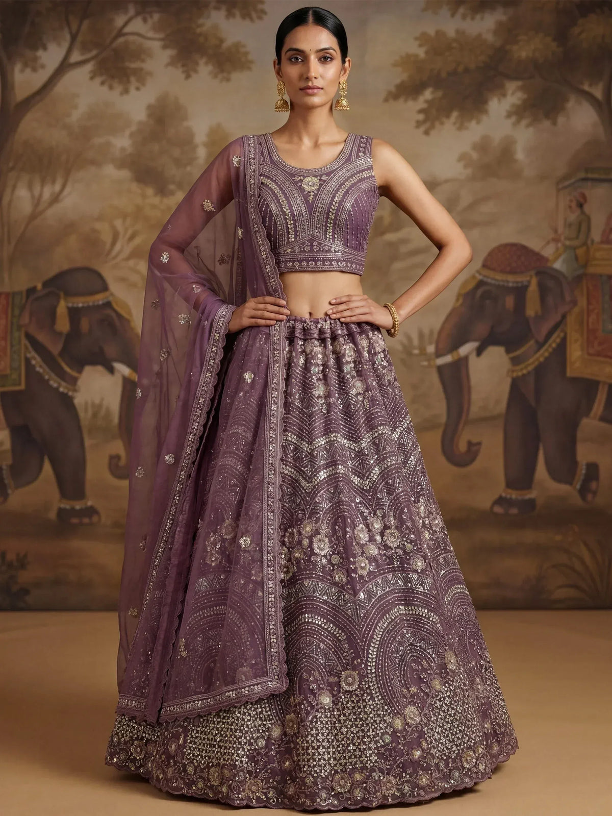Purple embroidered lehenga choli with dupatta, Indian ethnic wear for weddings and celebrations